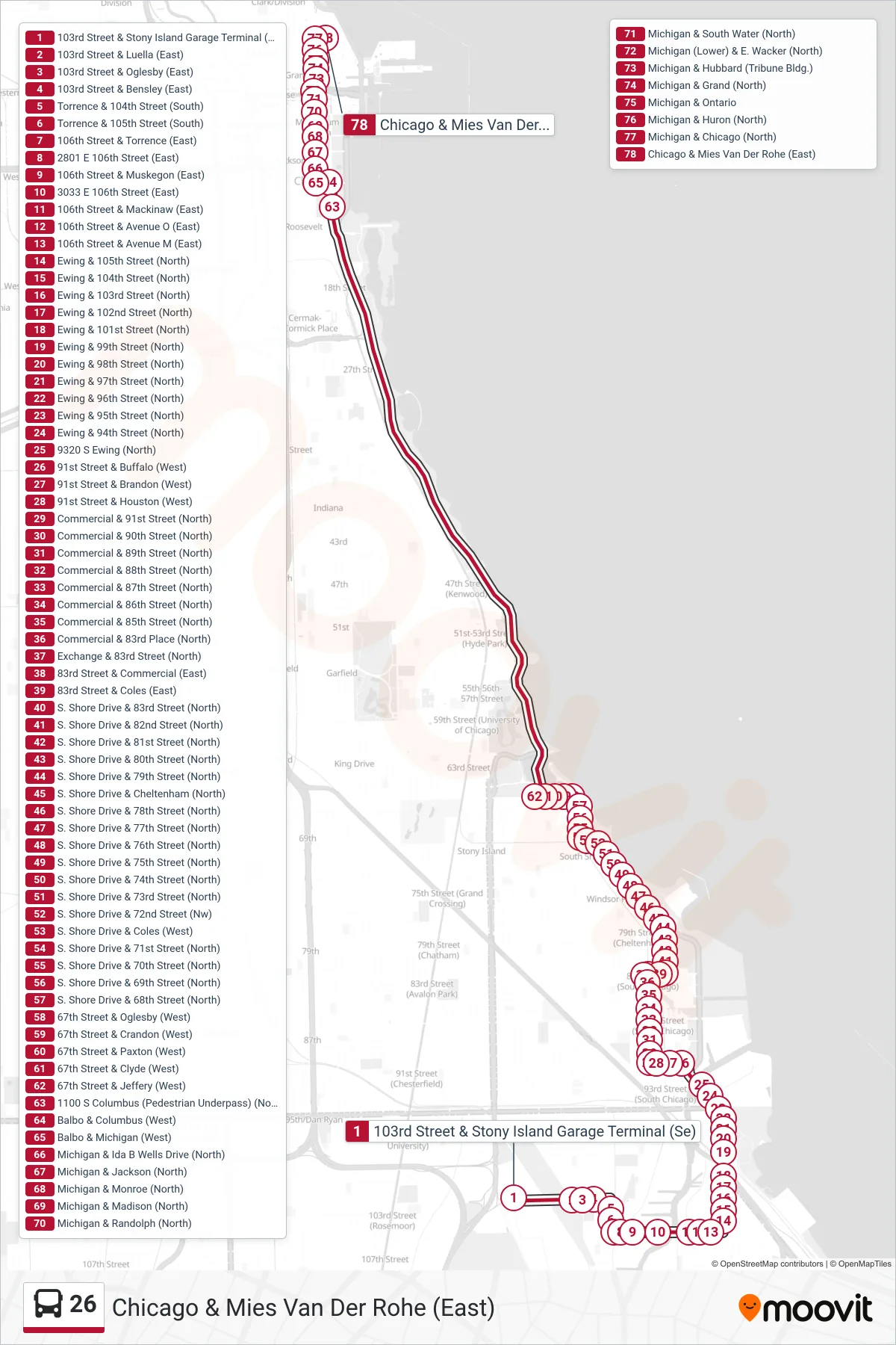 26 bus Line (Chicago & Mies Van Der Rohe (East)) route and stops on a map