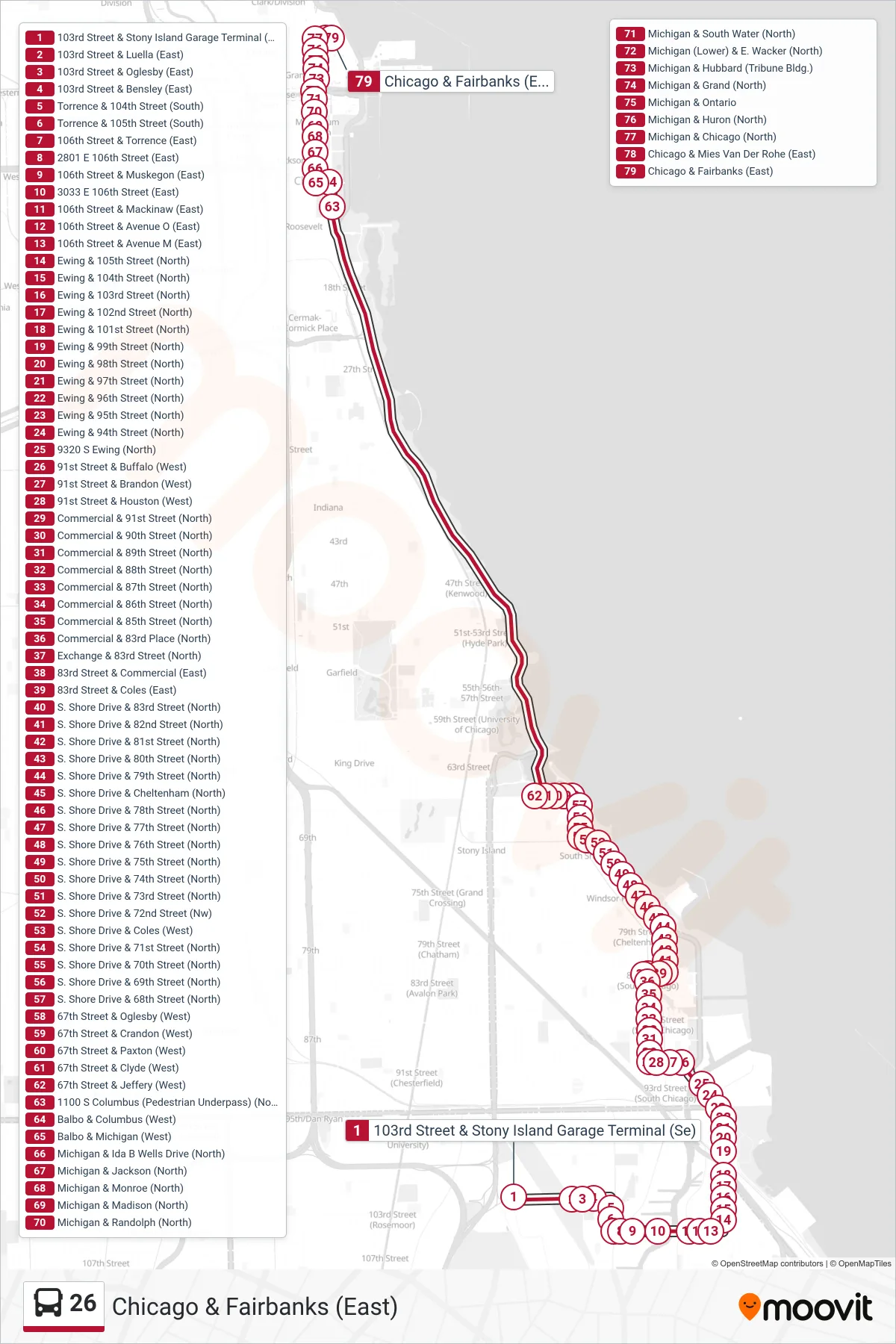 26 bus Line (Chicago & Fairbanks (East)) route and stops on a map
