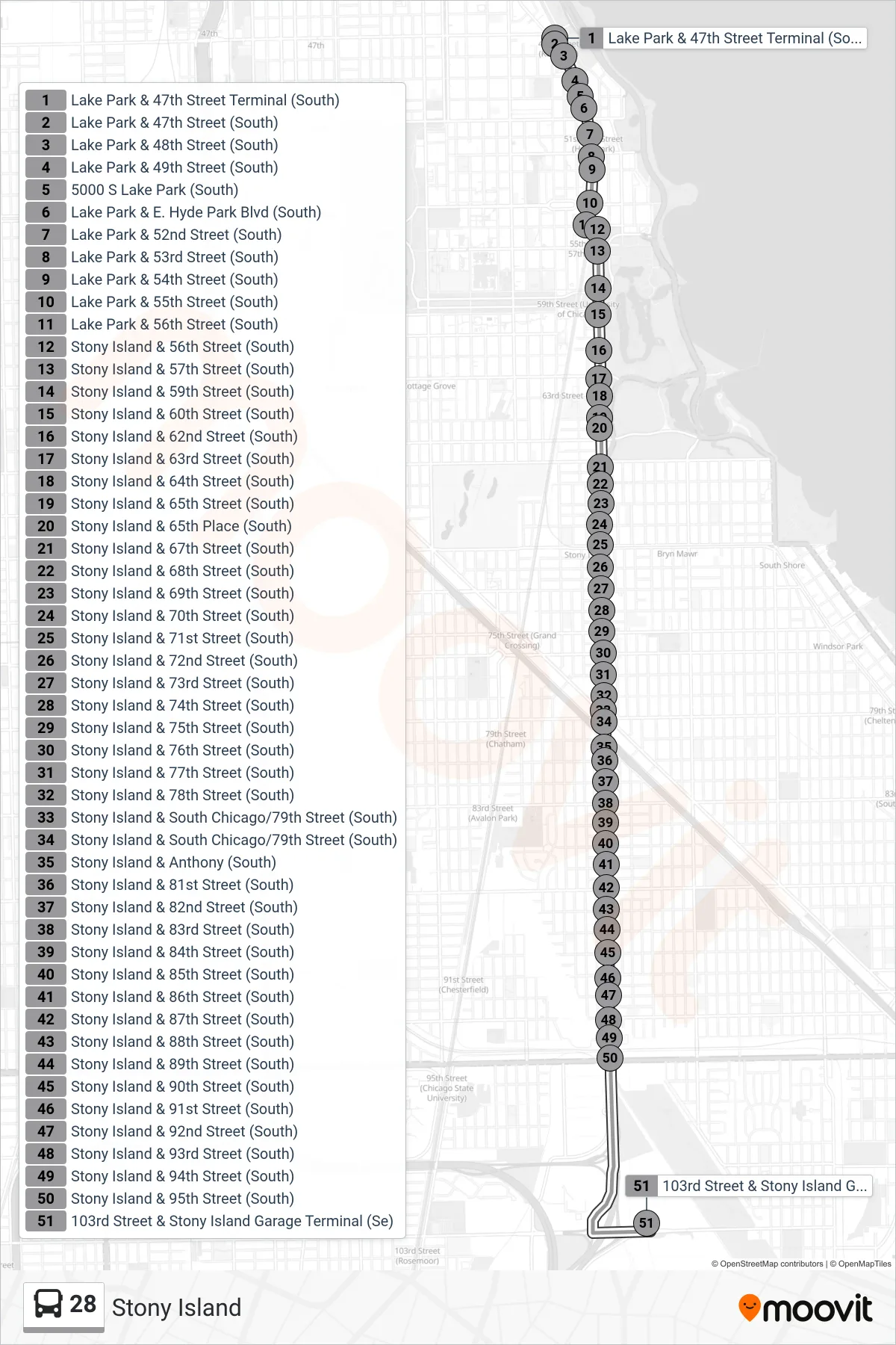 28 bus Line (103rd Street & Stony Island Garage Terminal (Se)) route and stops on a map