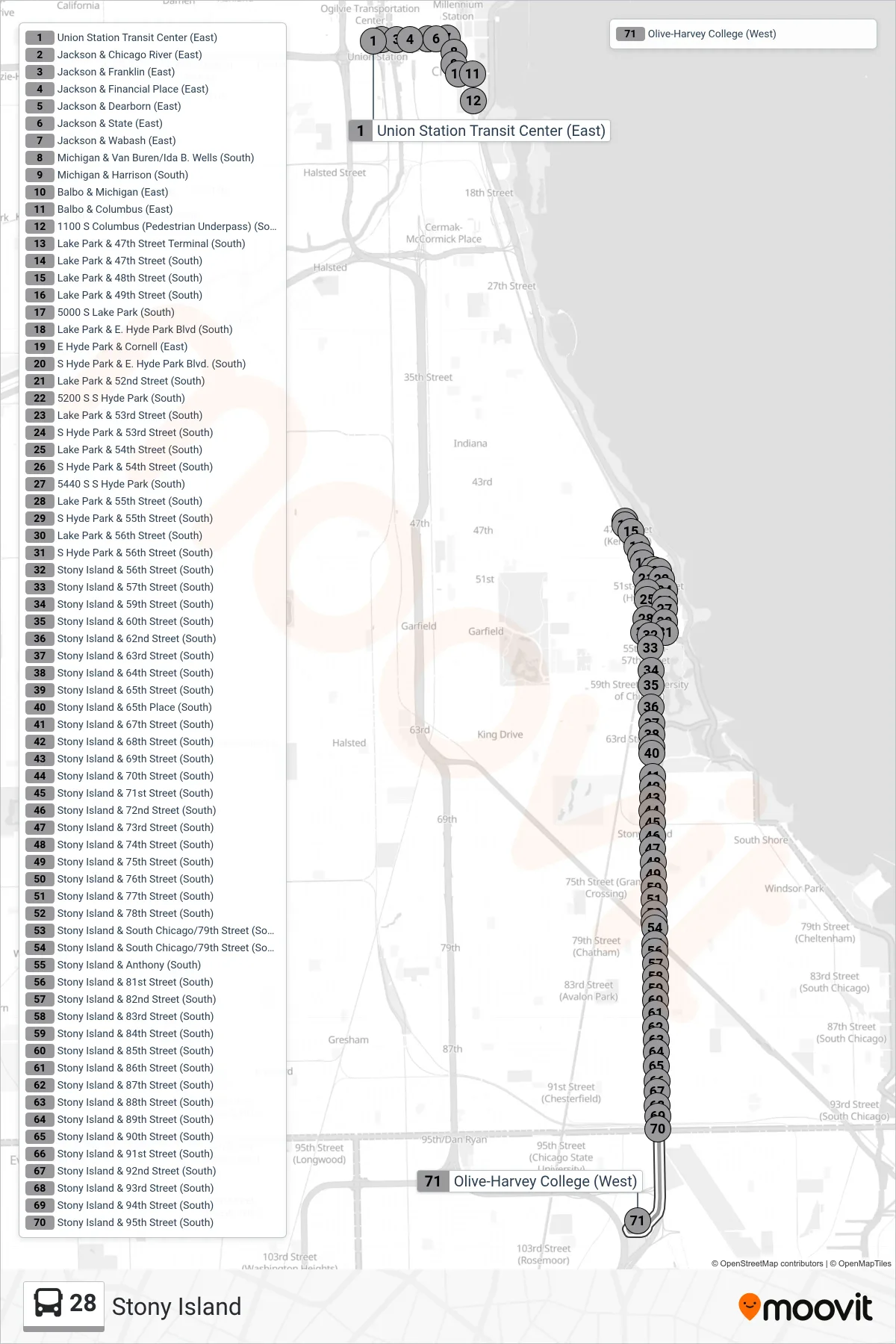28 bus Line (Olive-Harvey College (West)) route and stops on a map