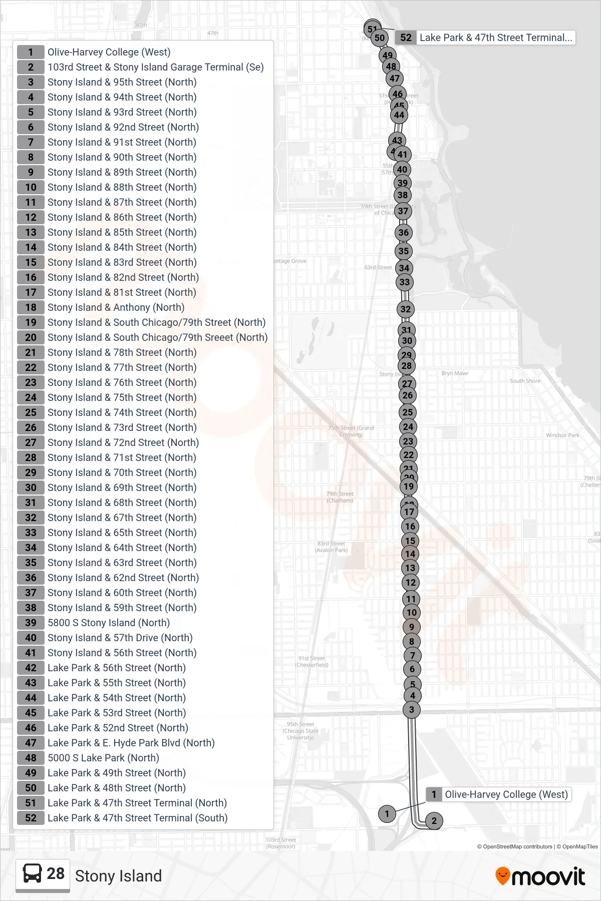 28 bus Line (Lake Park & 47th Street Terminal (South)) route and stops on a map