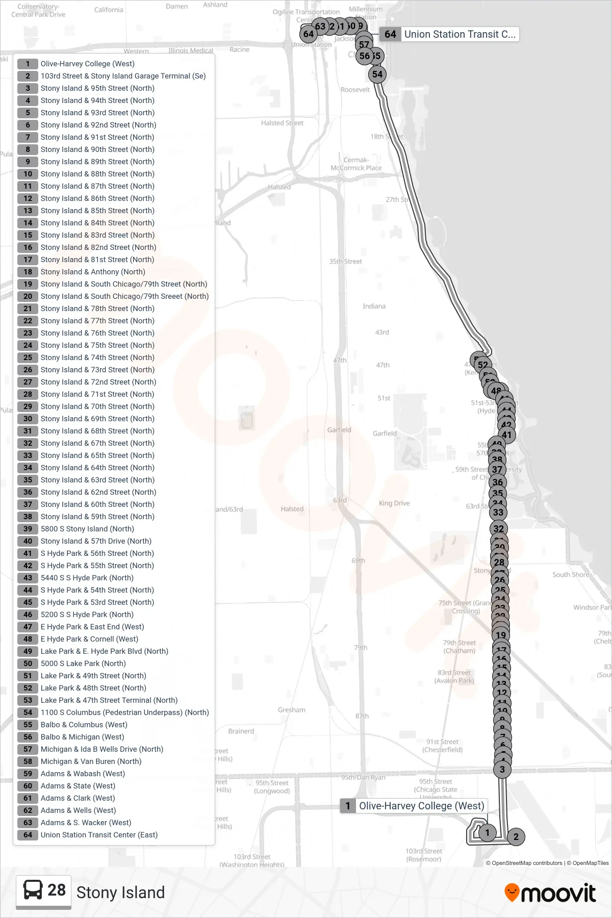 28 bus Line (Union Station Transit Center (East)) route and stops on a map