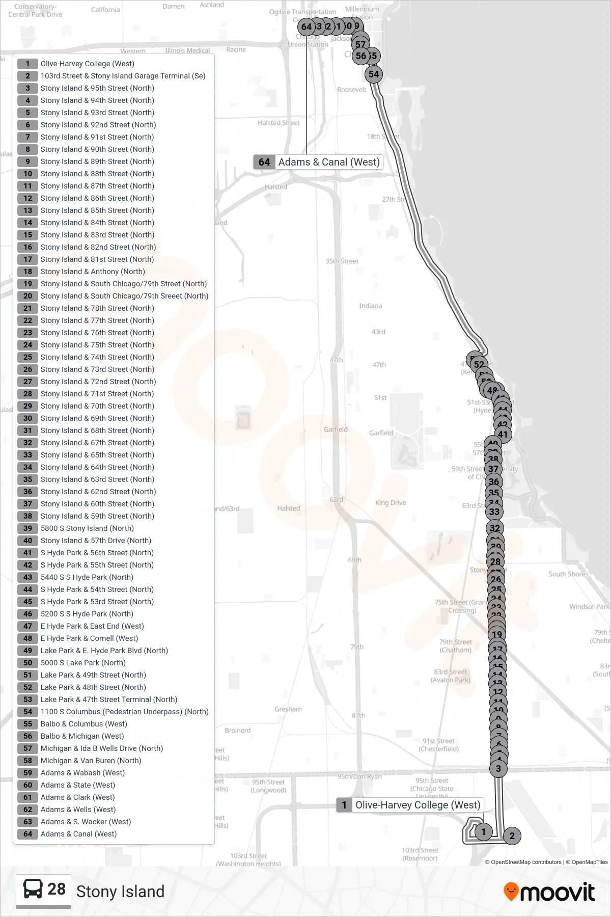 28 bus Line (Adams & Canal (West)) route and stops on a map