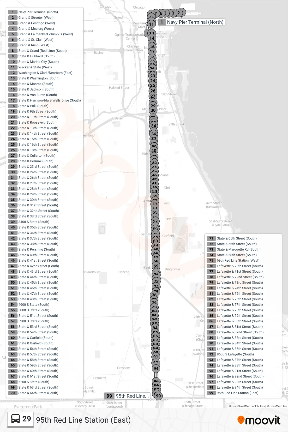 29 bus Line (95th Red Line Station (East)) route and stops on a map