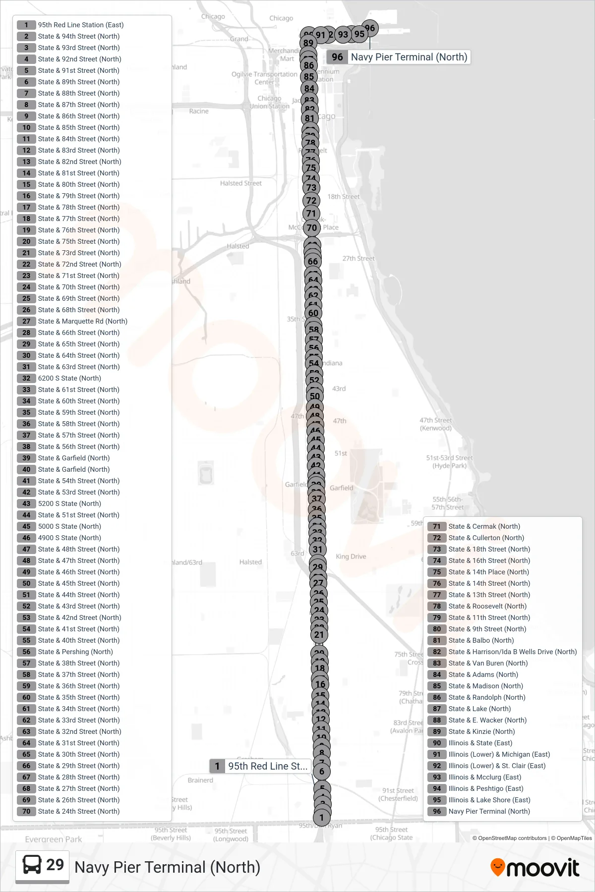 29 bus Line (Navy Pier Terminal (North)) route and stops on a map