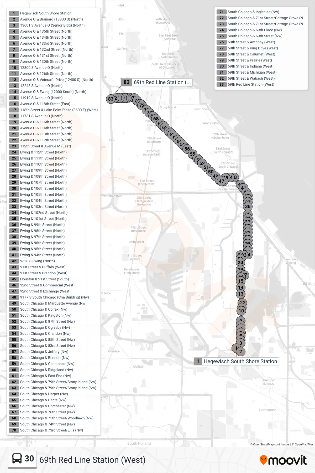 30 bus Line (69th Red Line Station (West)) route and stops on a map