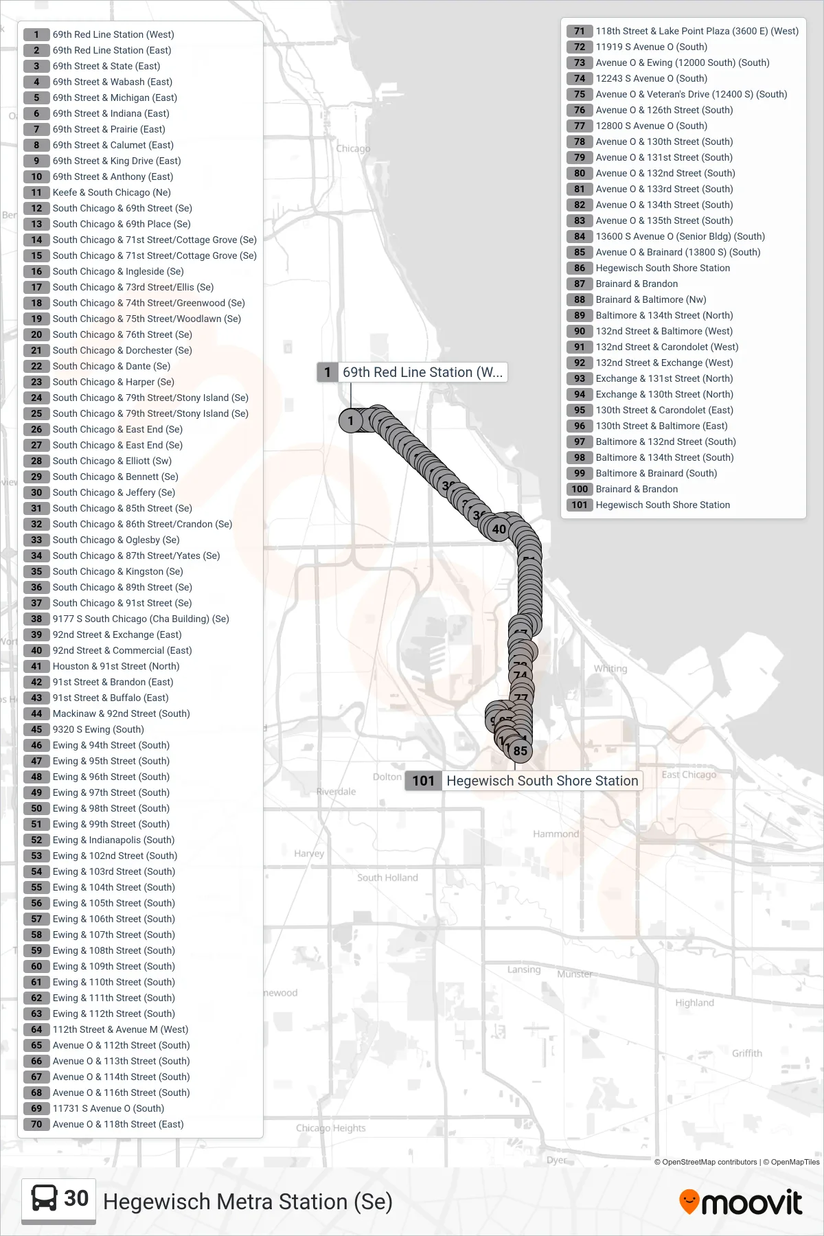 30 bus Line (Hegewisch Metra Station (Se)) route and stops on a map