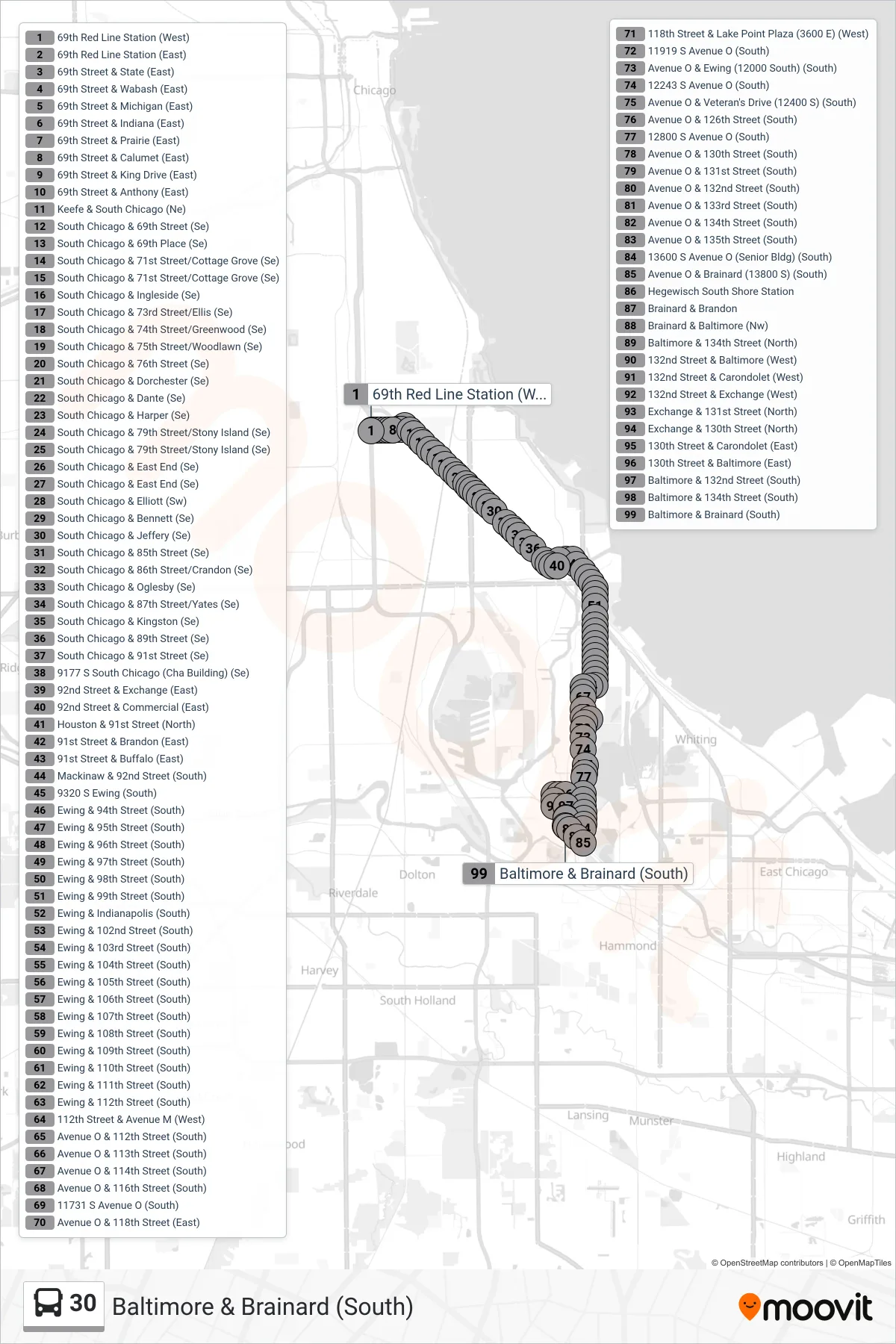 30 bus Line (Baltimore & Brainard (South)) route and stops on a map