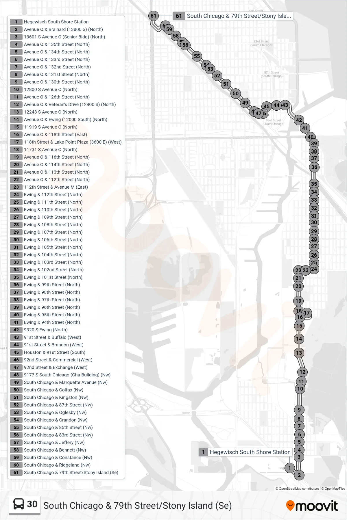 30 bus Line (South Chicago & 79th Street/Stony Island (Se)) route and stops on a map