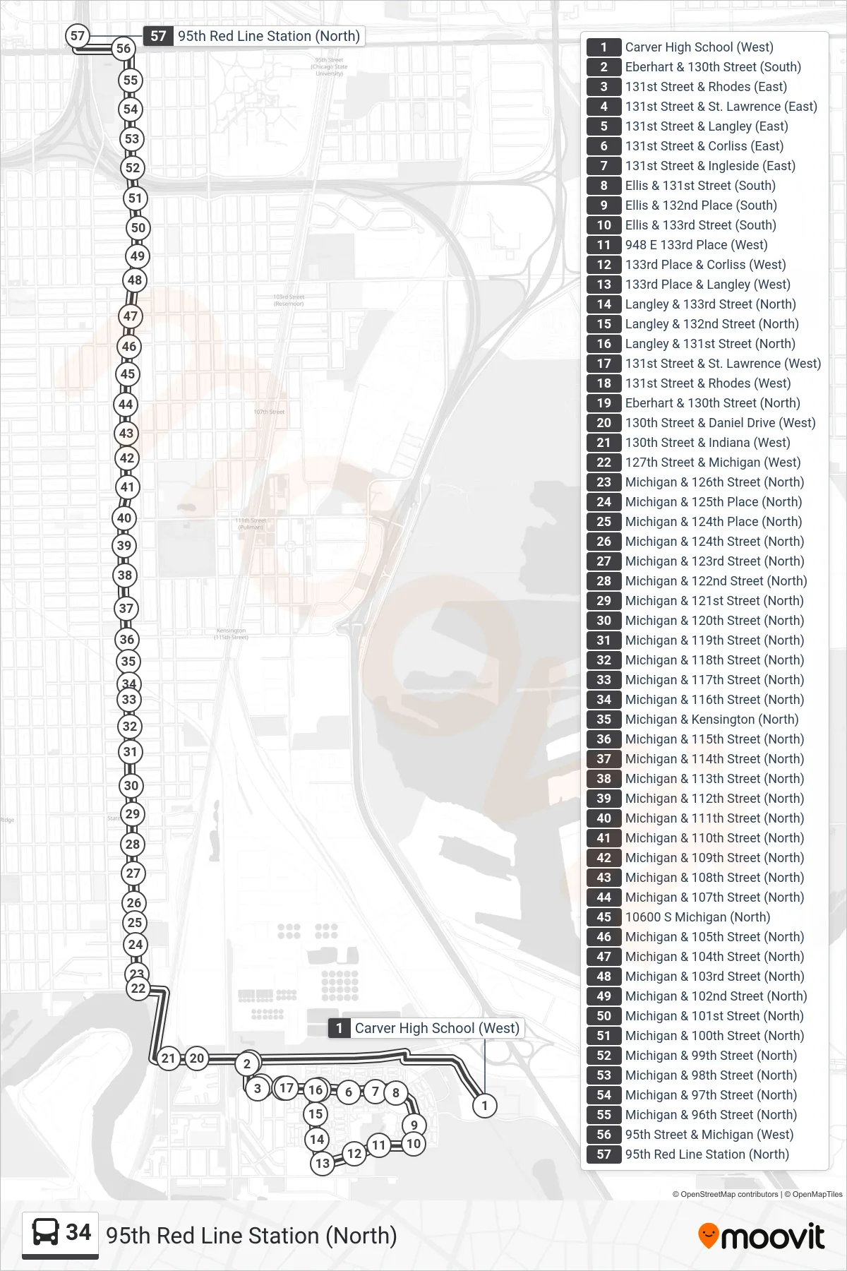 34 bus Line (95th Red Line Station (North)) route and stops on a map