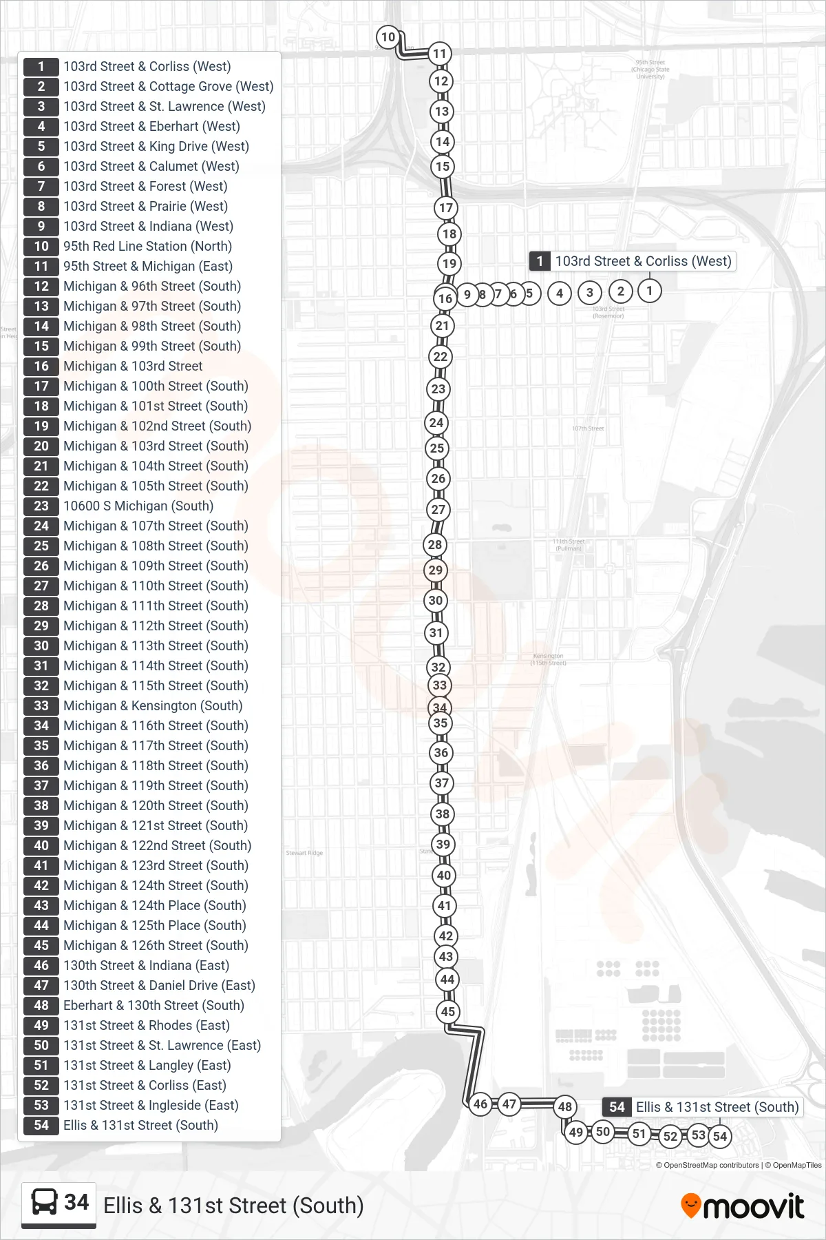 34 bus Line (Ellis & 131st Street (South)) route and stops on a map