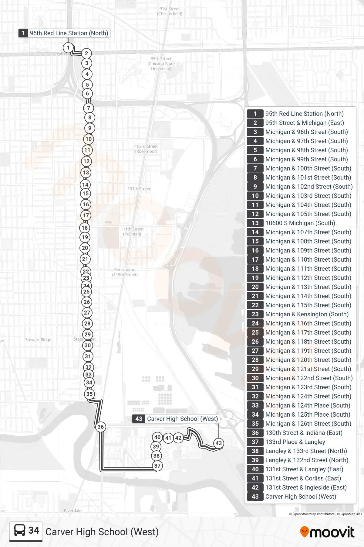 34 bus Line (Carver High School (West)) route and stops on a map