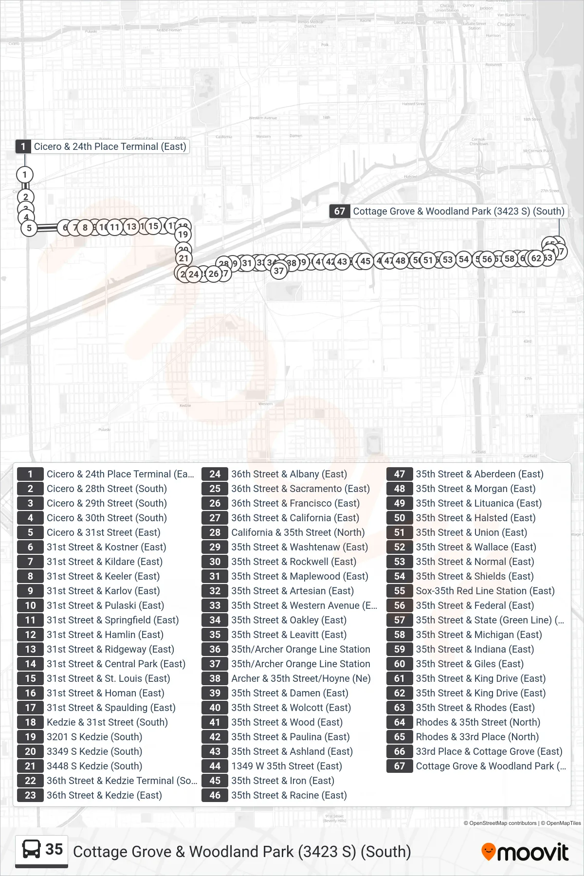 35 bus Line (Cottage Grove & Woodland Park (3423 S) (South)) route and stops on a map