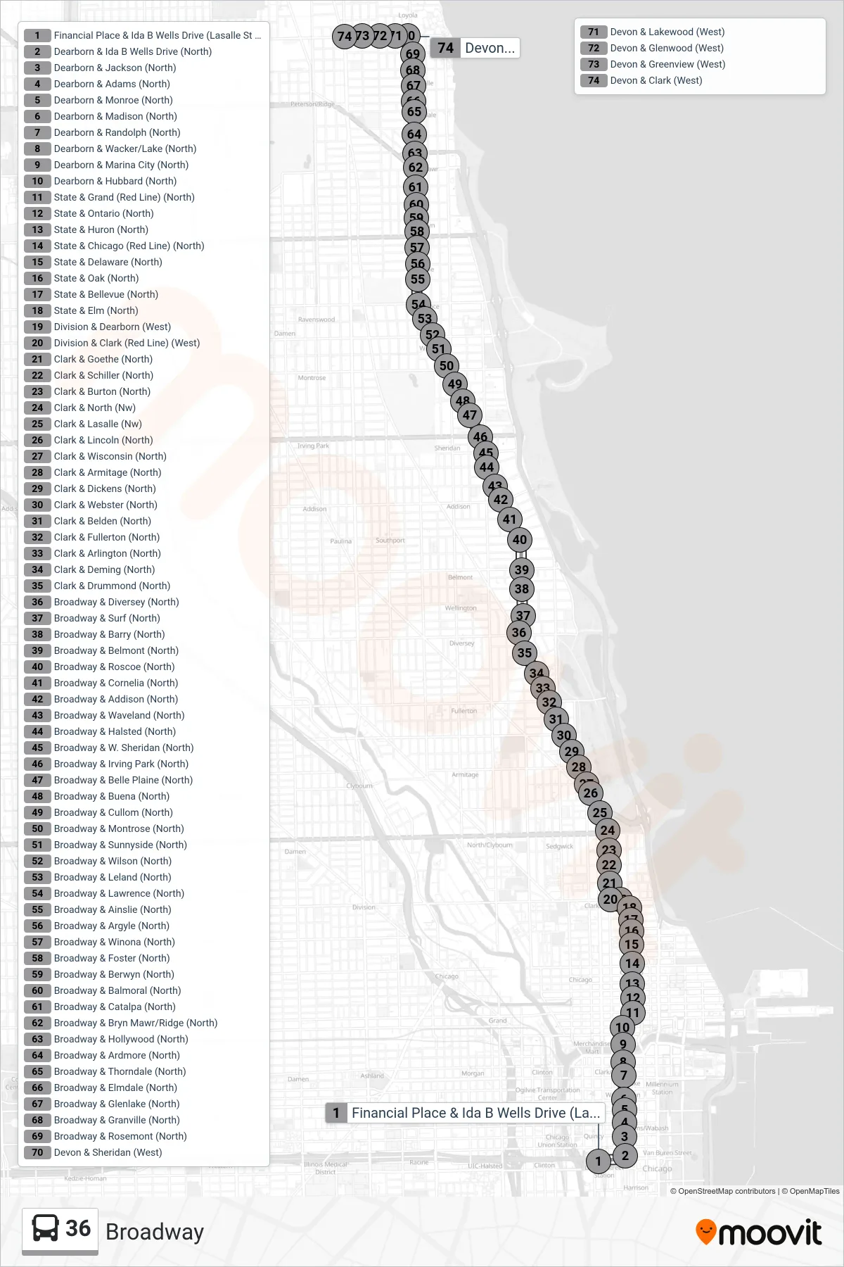 36 bus Line (Devon & Clark (West)) route and stops on a map