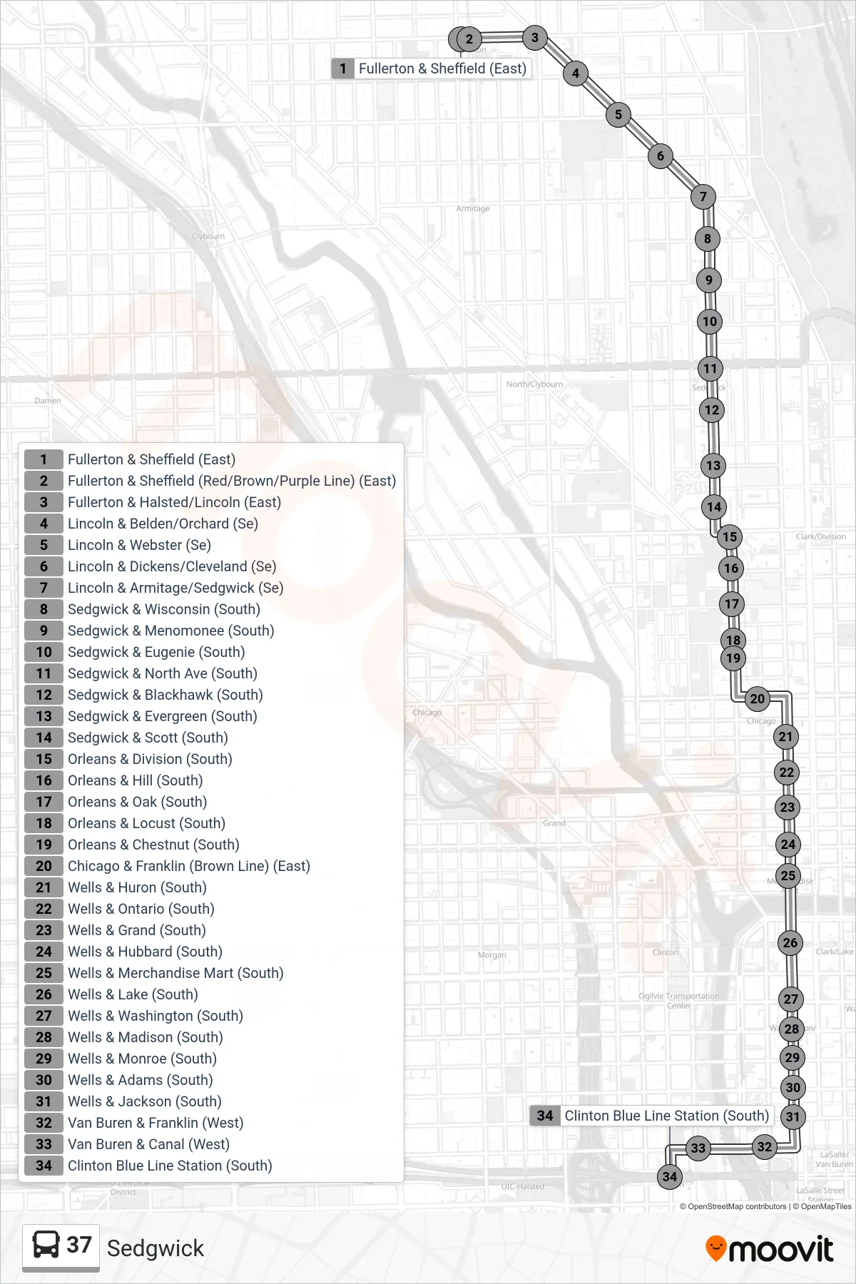 37 bus Line (Clinton Blue Line Station (South)) route and stops on a map
