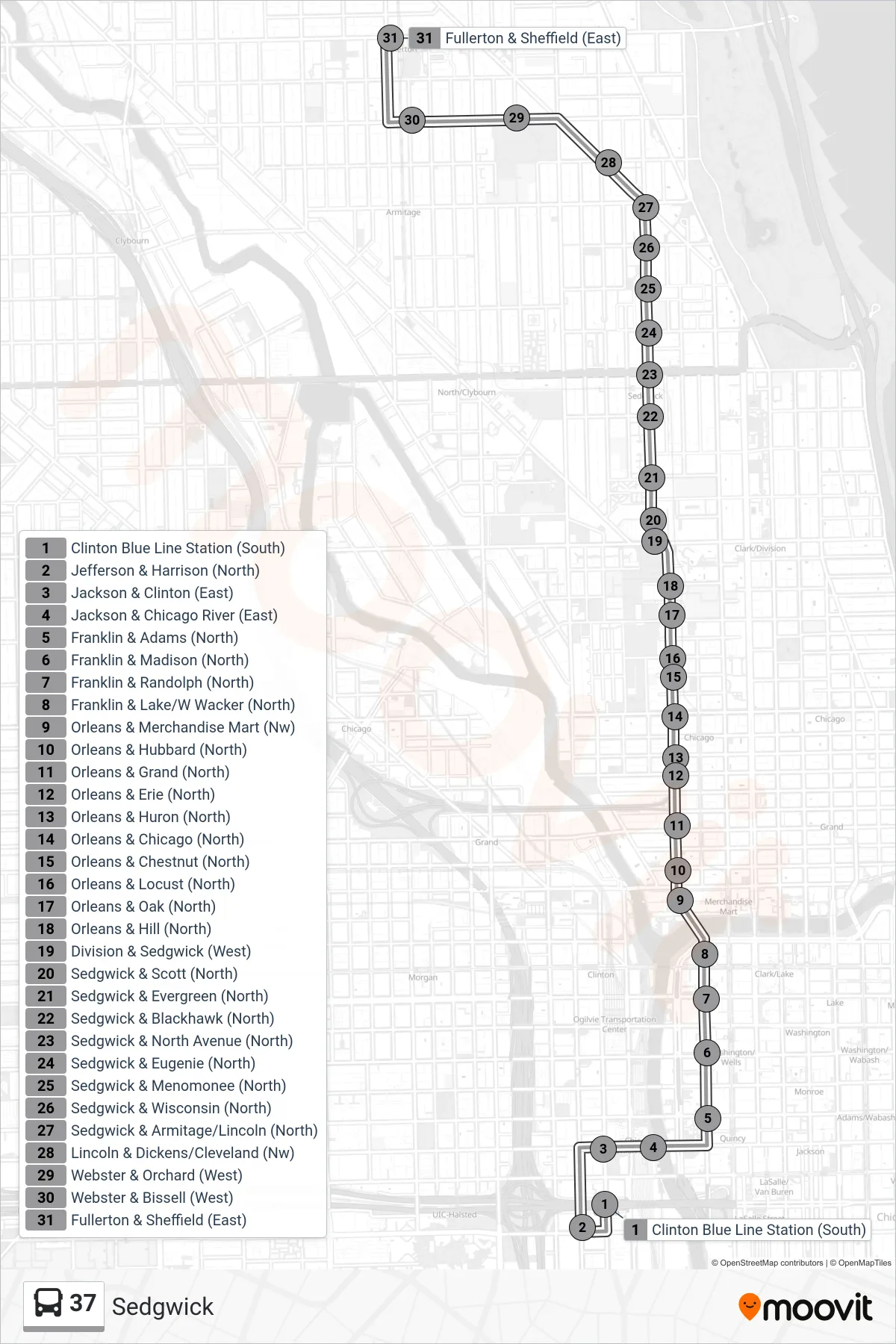 37 bus Line (Fullerton & Sheffield (East)) route and stops on a map