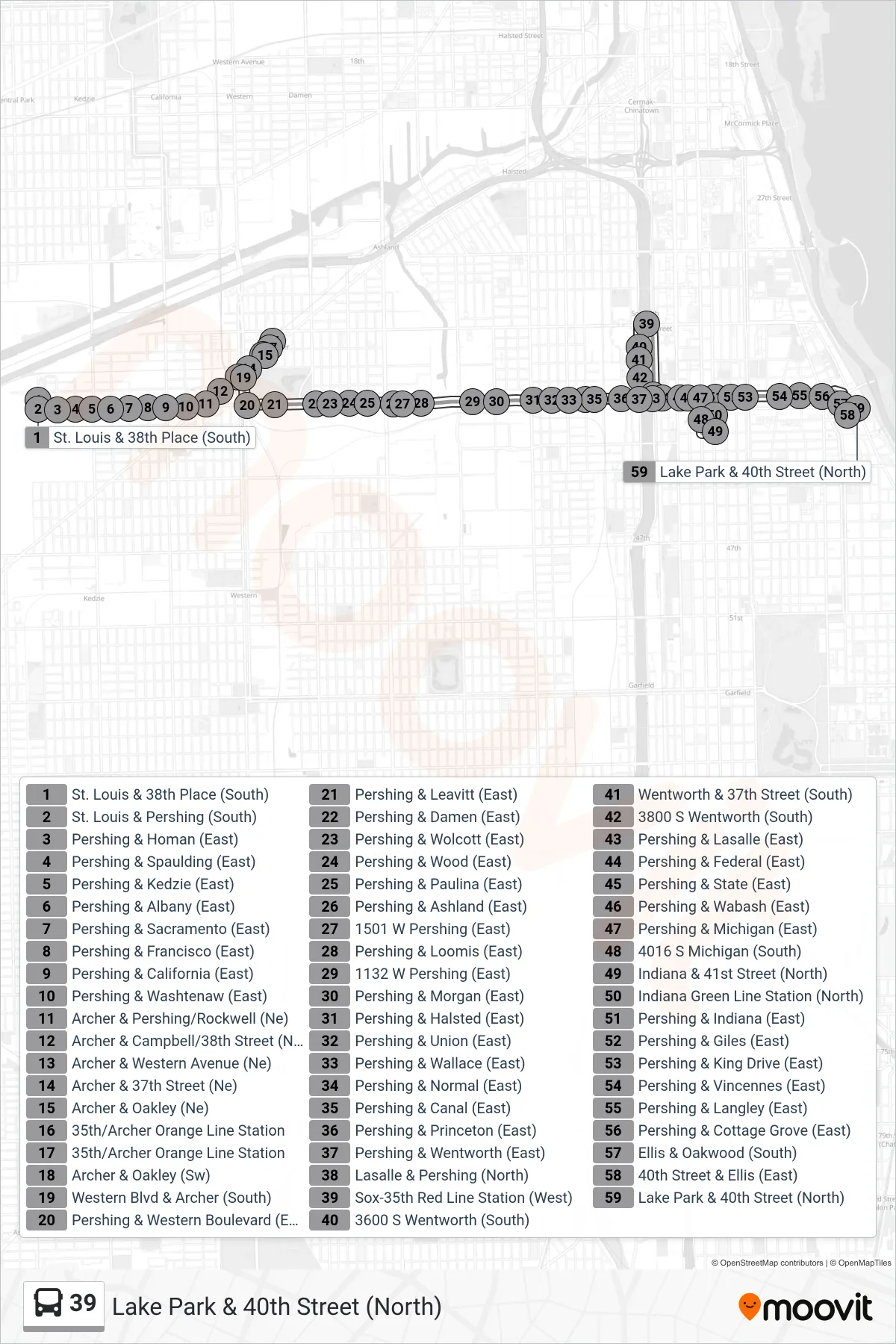 39 bus Line (Lake Park & 40th Street (North)) route and stops on a map