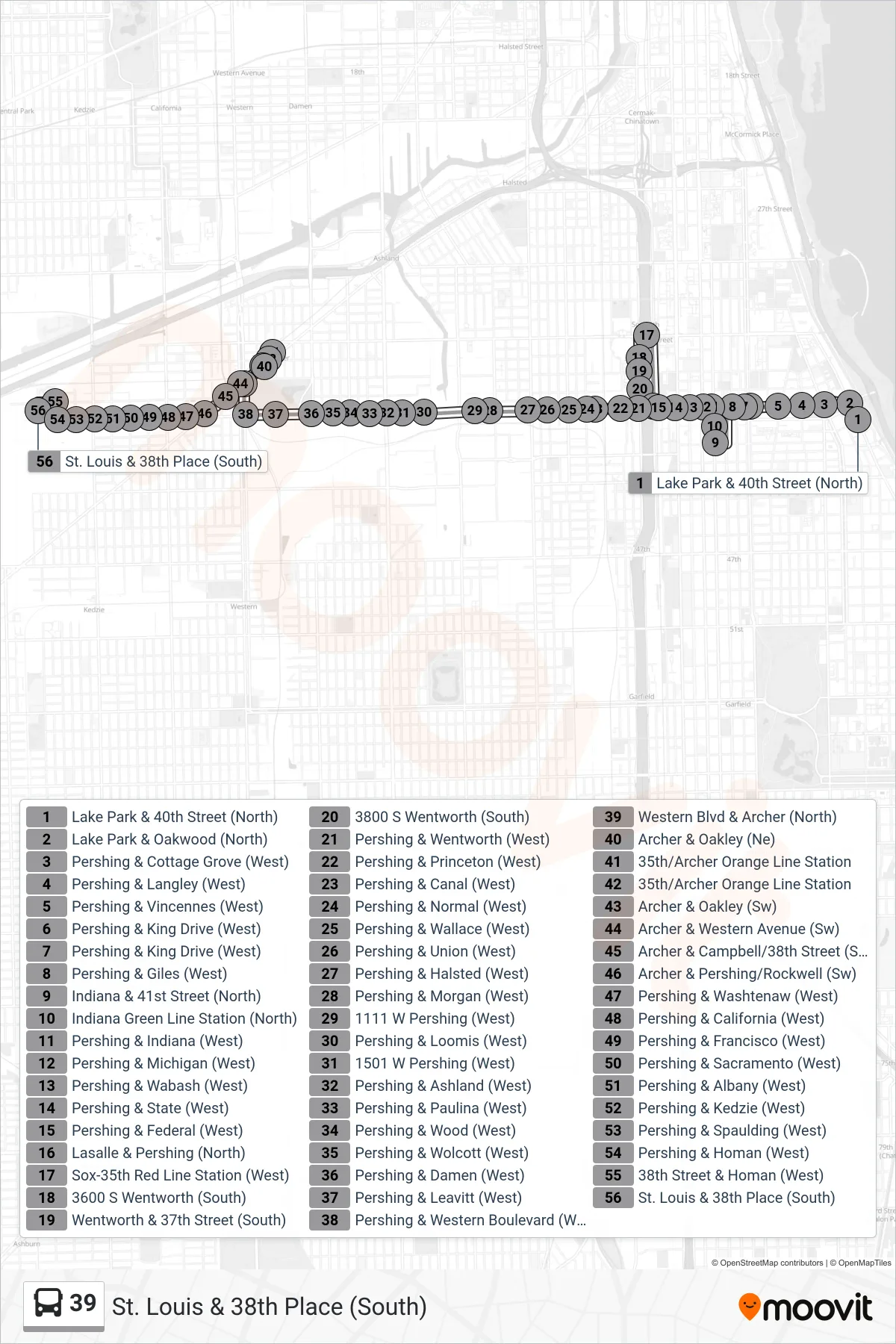 39 bus Line (St. Louis & 38th Place (South)) route and stops on a map
