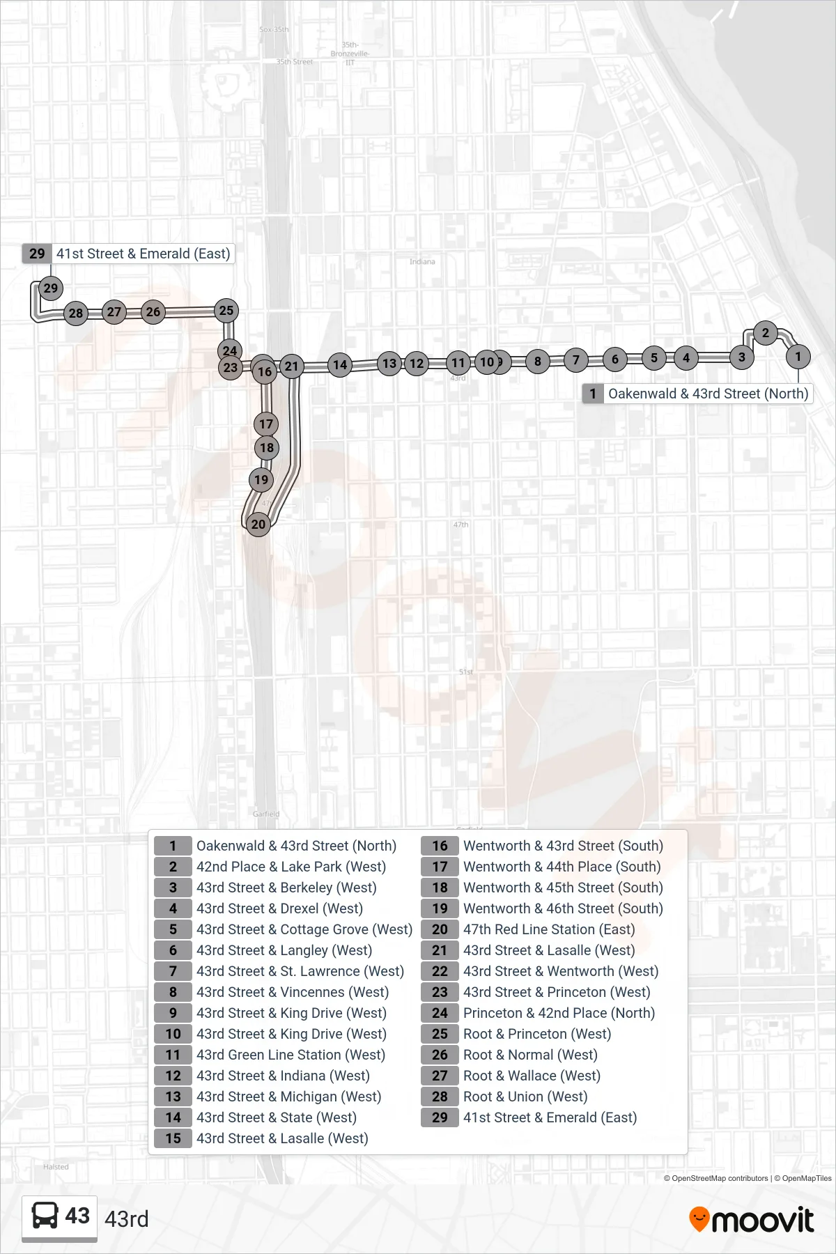 43 bus Line (41st Street & Emerald (East)) route and stops on a map