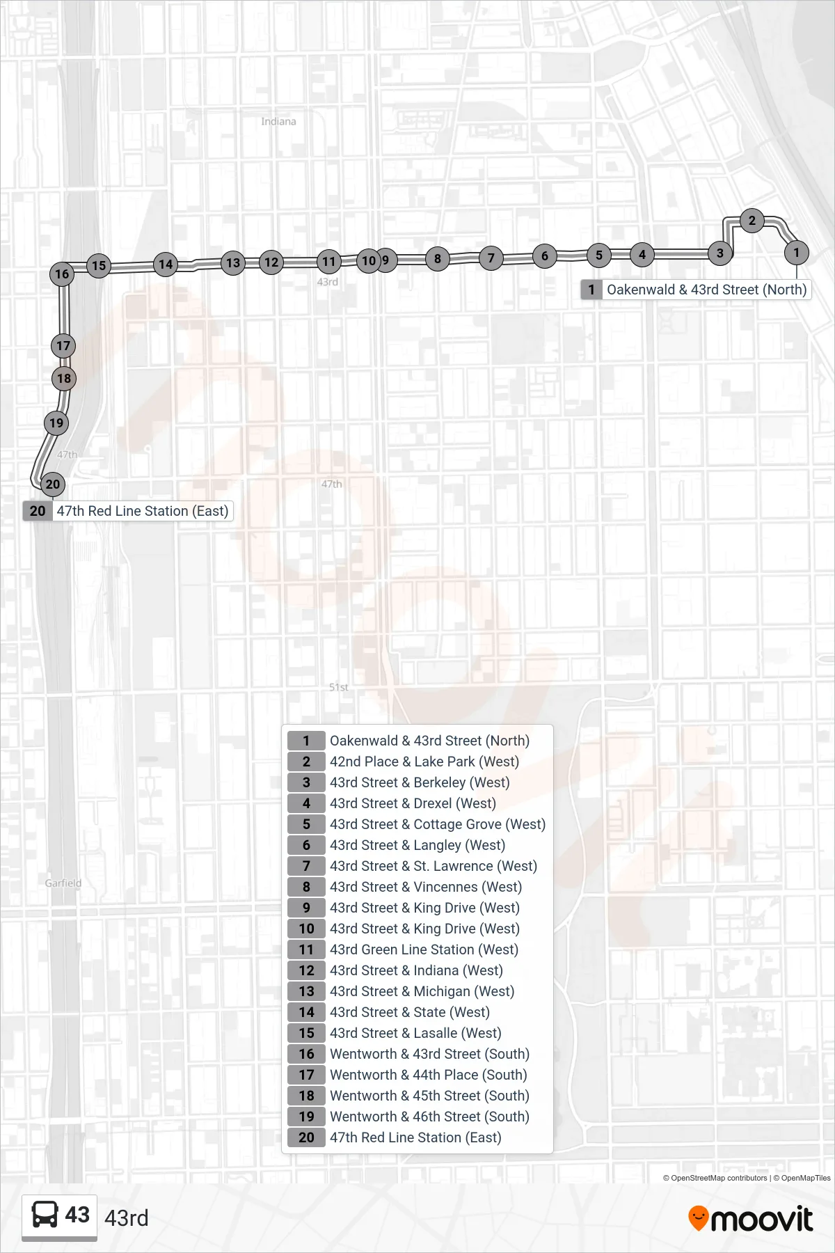43 bus Line (47th Red Line Station (East)) route and stops on a map