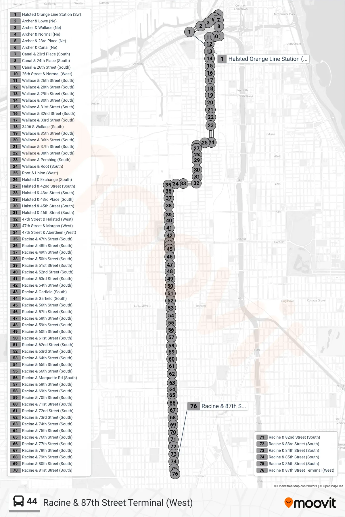 44 bus Line (Racine & 87th Street Terminal (West)) route and stops on a map