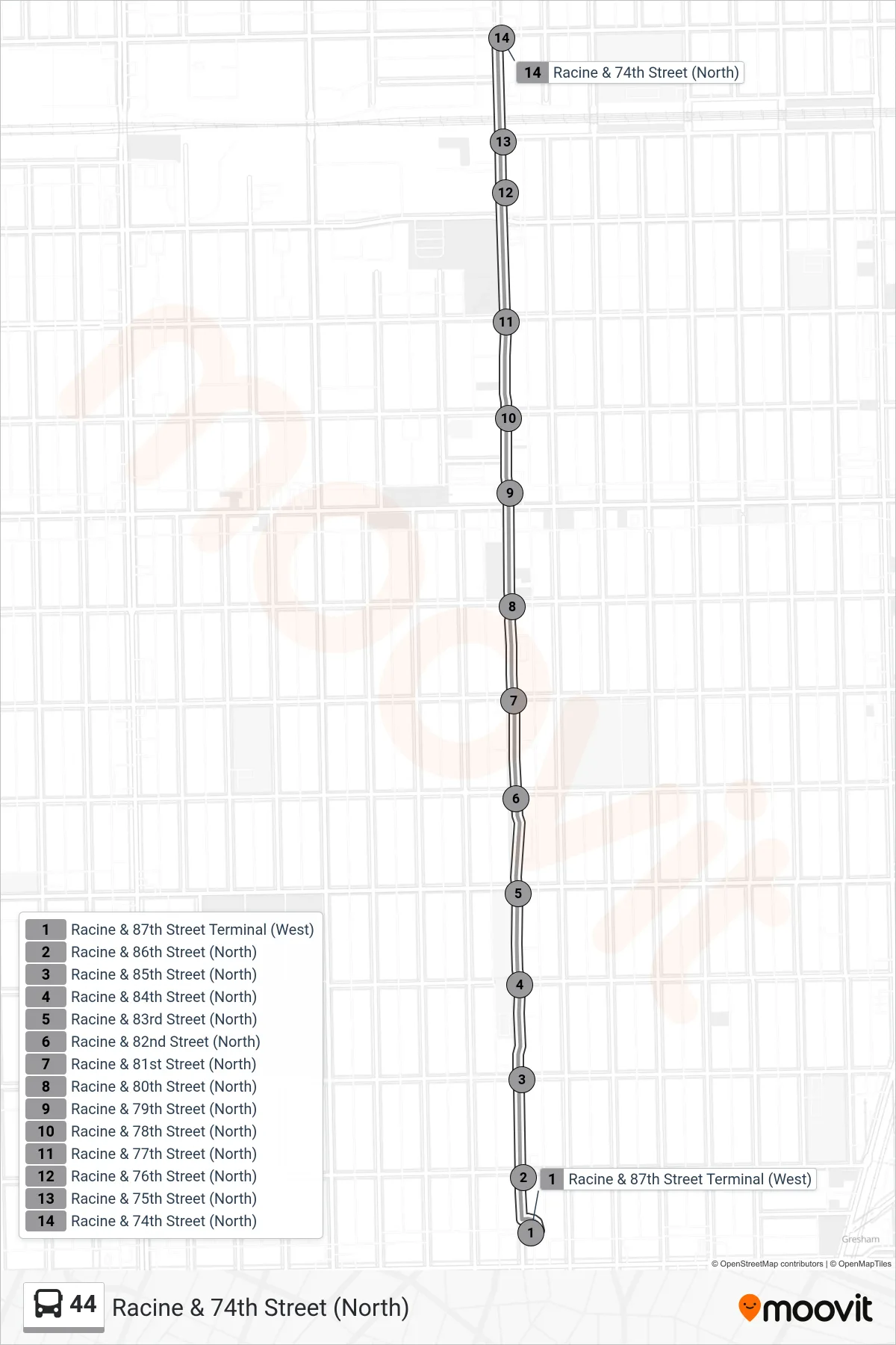 44 bus Line (Racine & 74th Street (North)) route and stops on a map