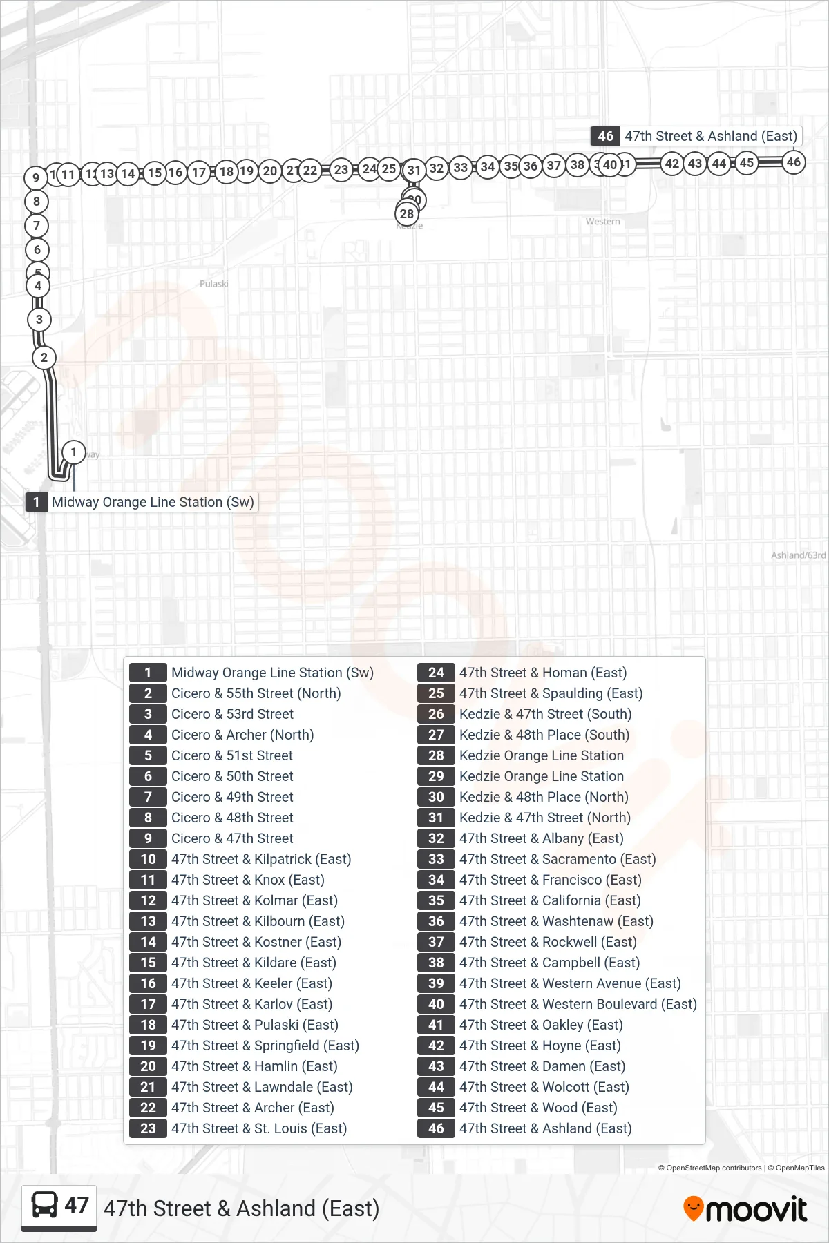 47 bus Line (47th Street & Ashland (East)) route and stops on a map