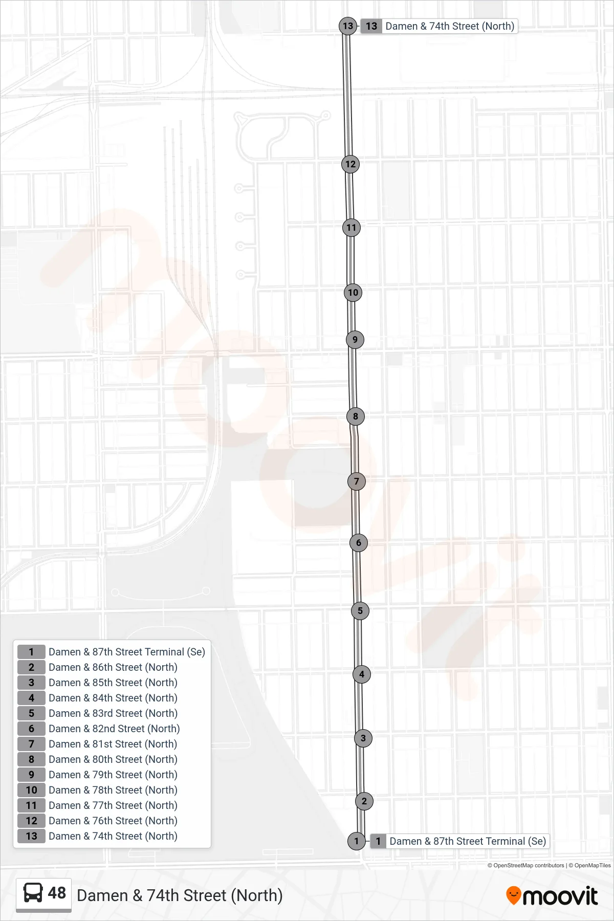 48 bus Line (Damen & 74th Street (North)) route and stops on a map