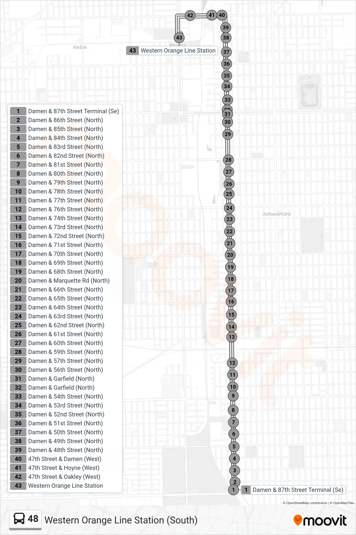 48 bus Line (Western Orange Line Station (South)) route and stops on a map