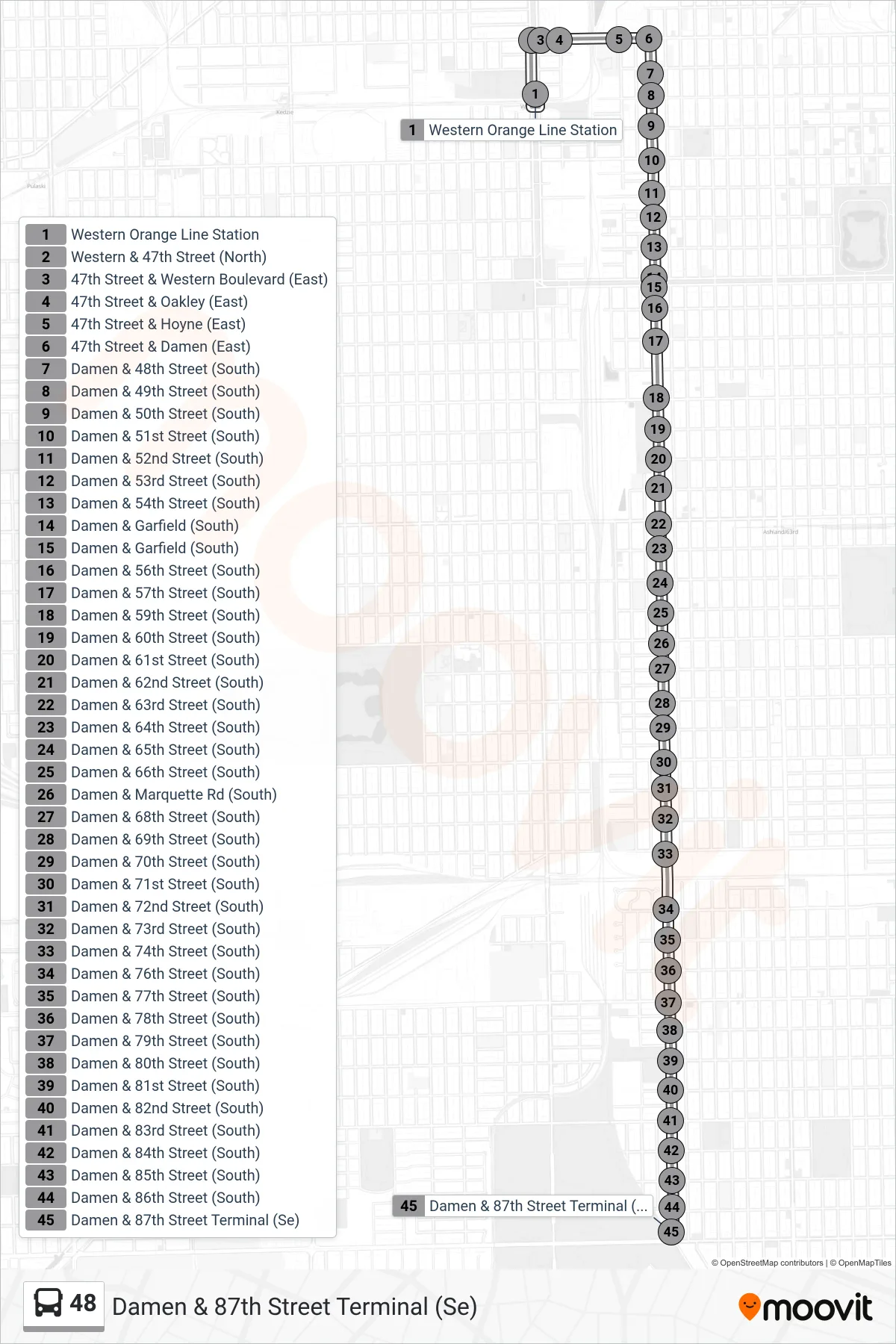 48 bus Line (Damen & 87th Street Terminal (Se)) route and stops on a map