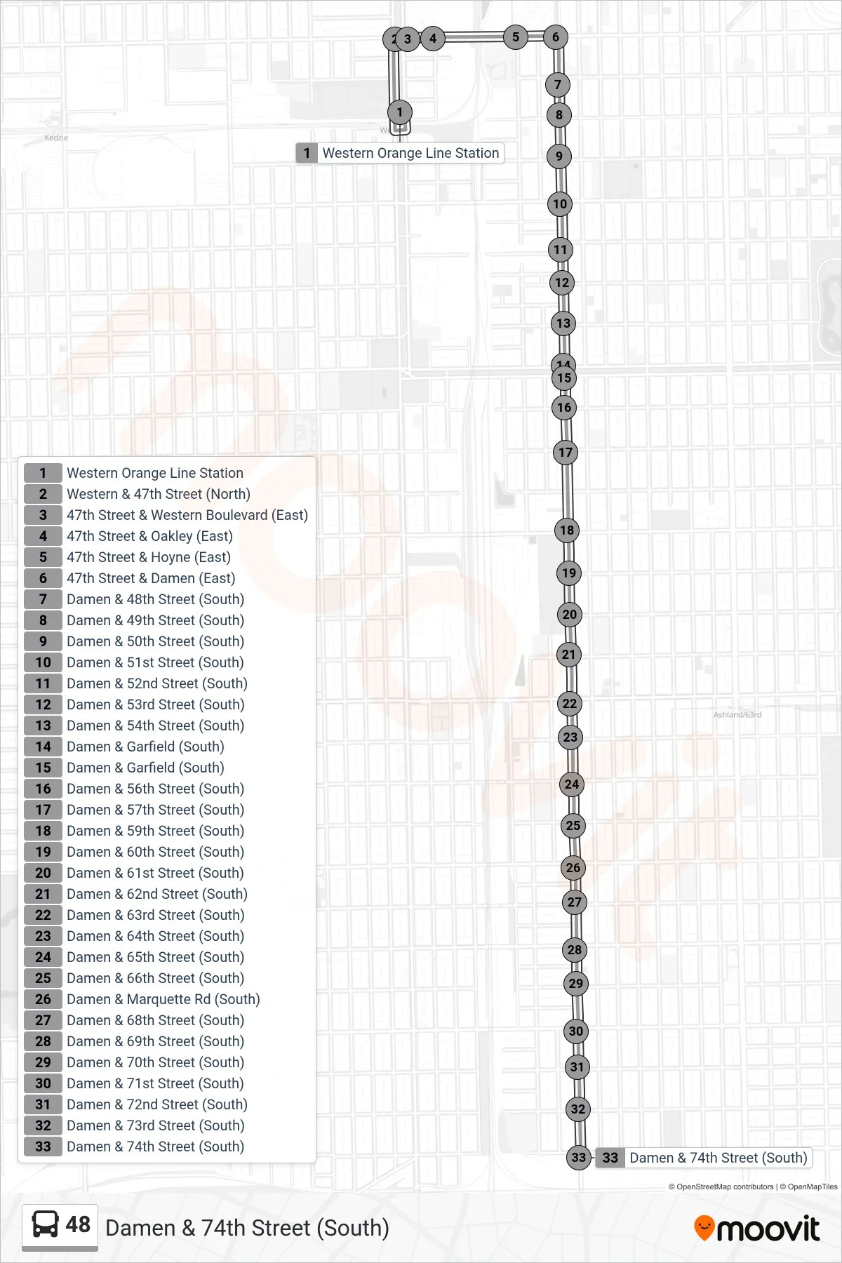 48 bus Line (Damen & 74th Street (South)) route and stops on a map