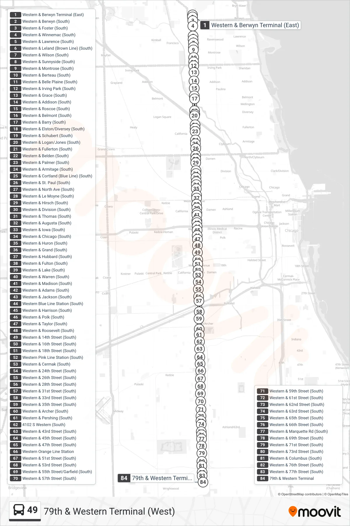 49 bus Line (79th & Western Terminal (West)) route and stops on a map