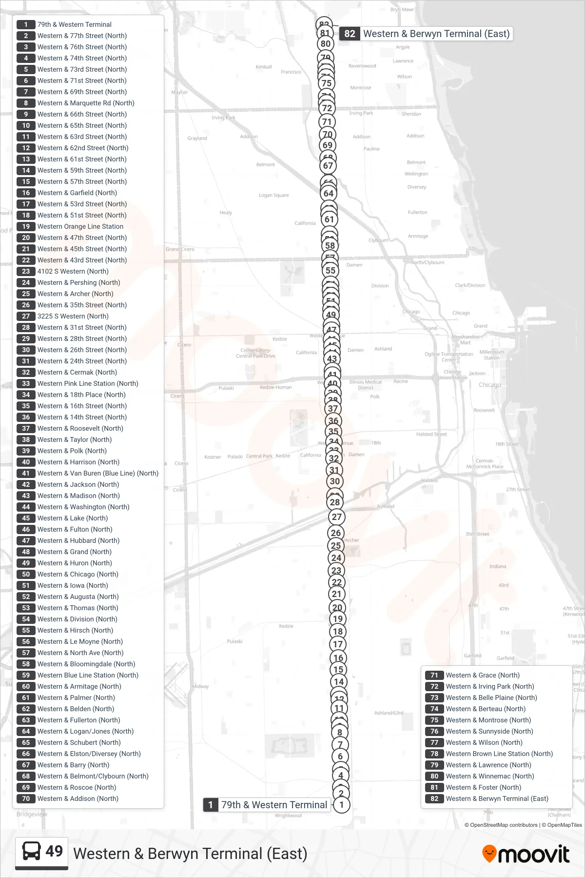 49 bus Line (Western & Berwyn Terminal (East)) route and stops on a map