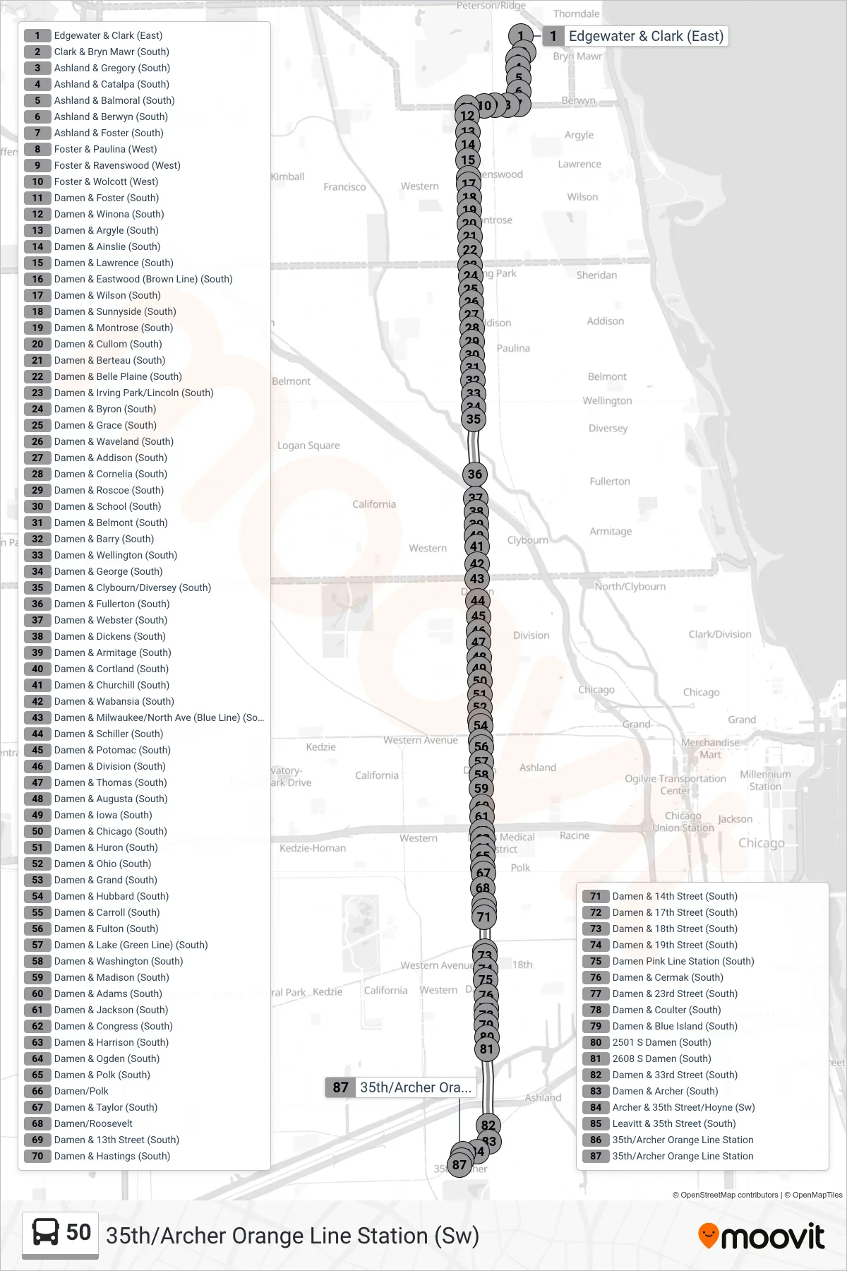 50 bus Line (35th/Archer Orange Line Station (Sw)) route and stops on a map