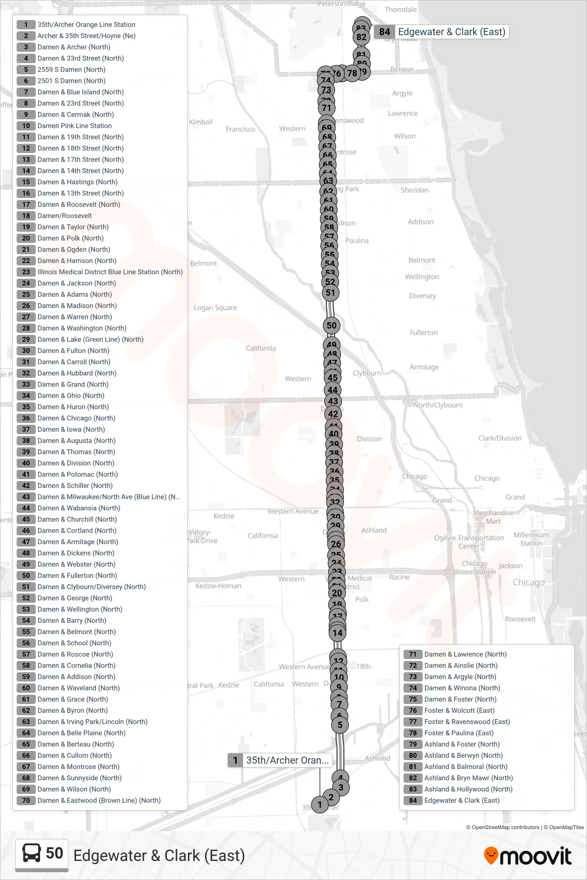 50 bus Line (Edgewater & Clark (East)) route and stops on a map