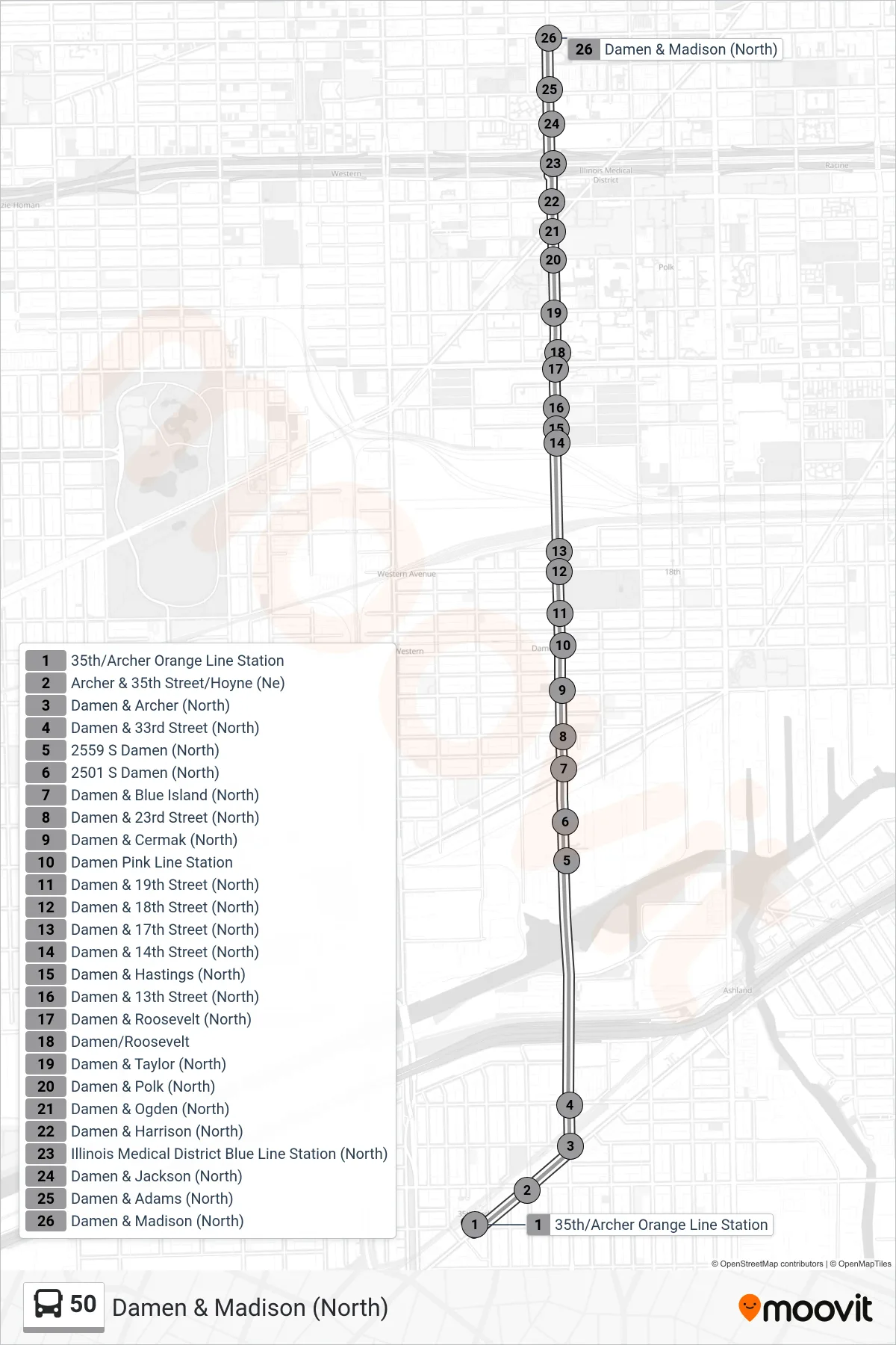 50 bus Line (Damen & Madison (North)) route and stops on a map