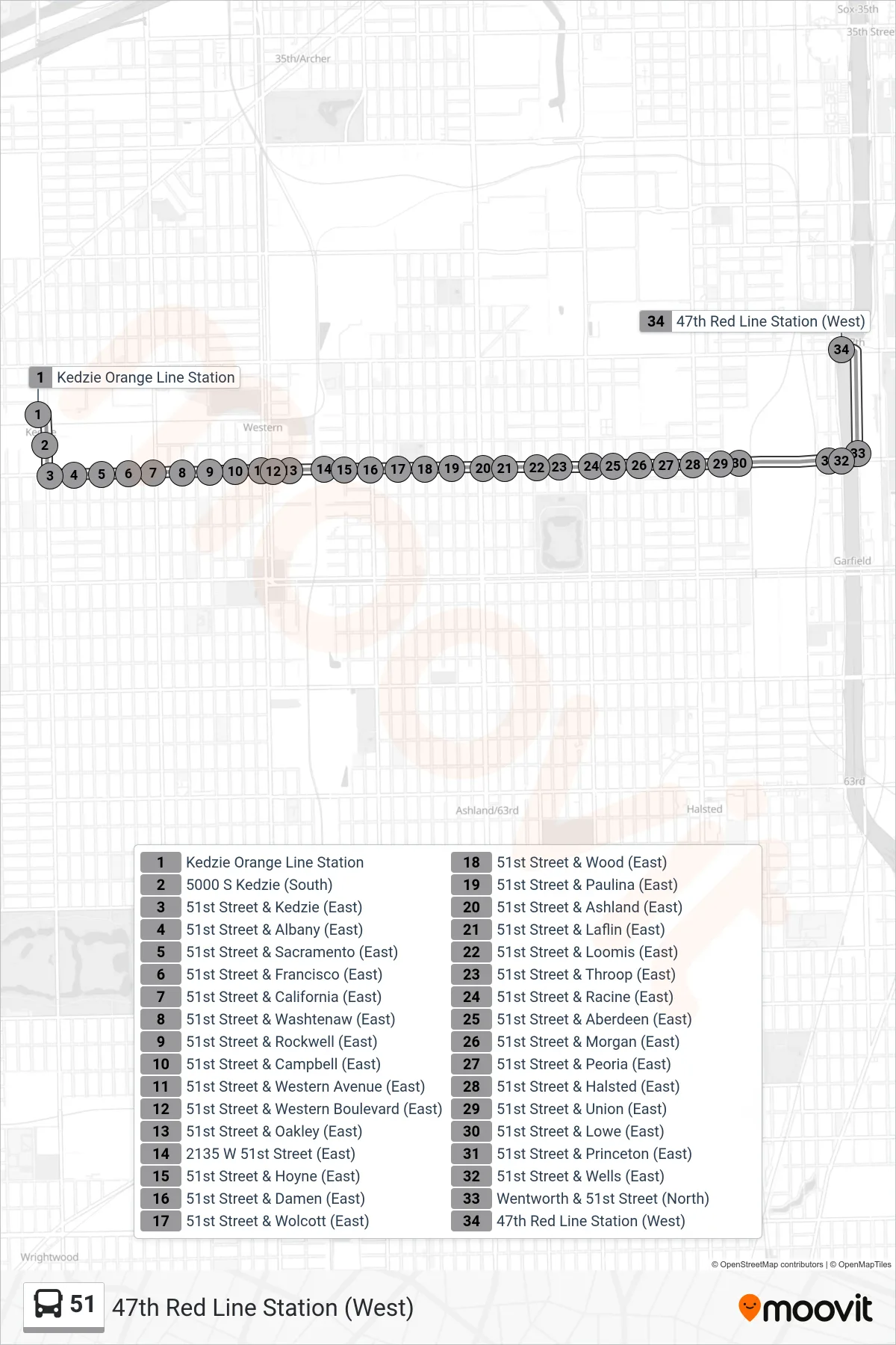 51 bus Line (47th Red Line Station (West)) route and stops on a map