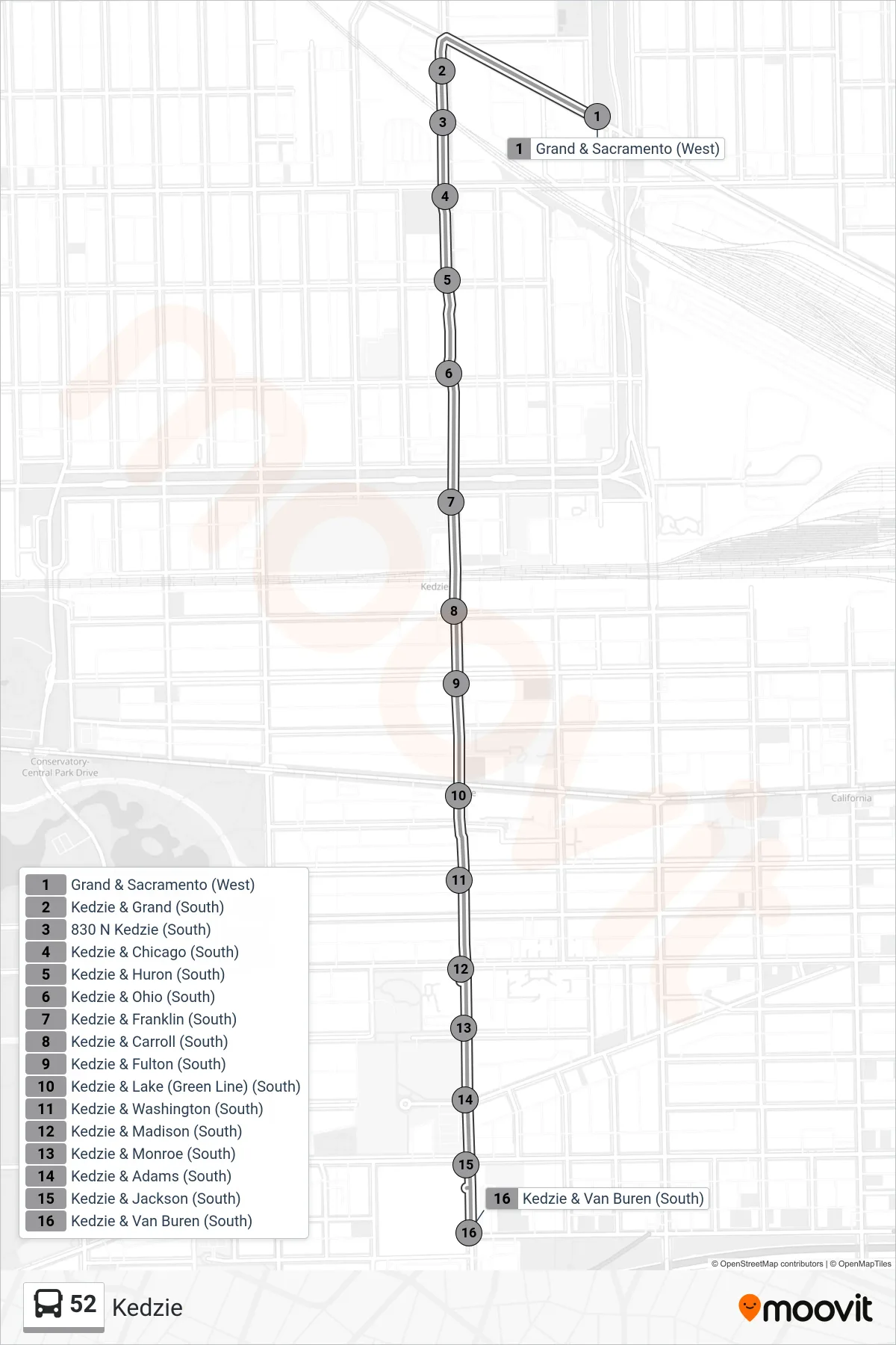 52 bus Line (Kedzie & Van Buren (South)) route and stops on a map