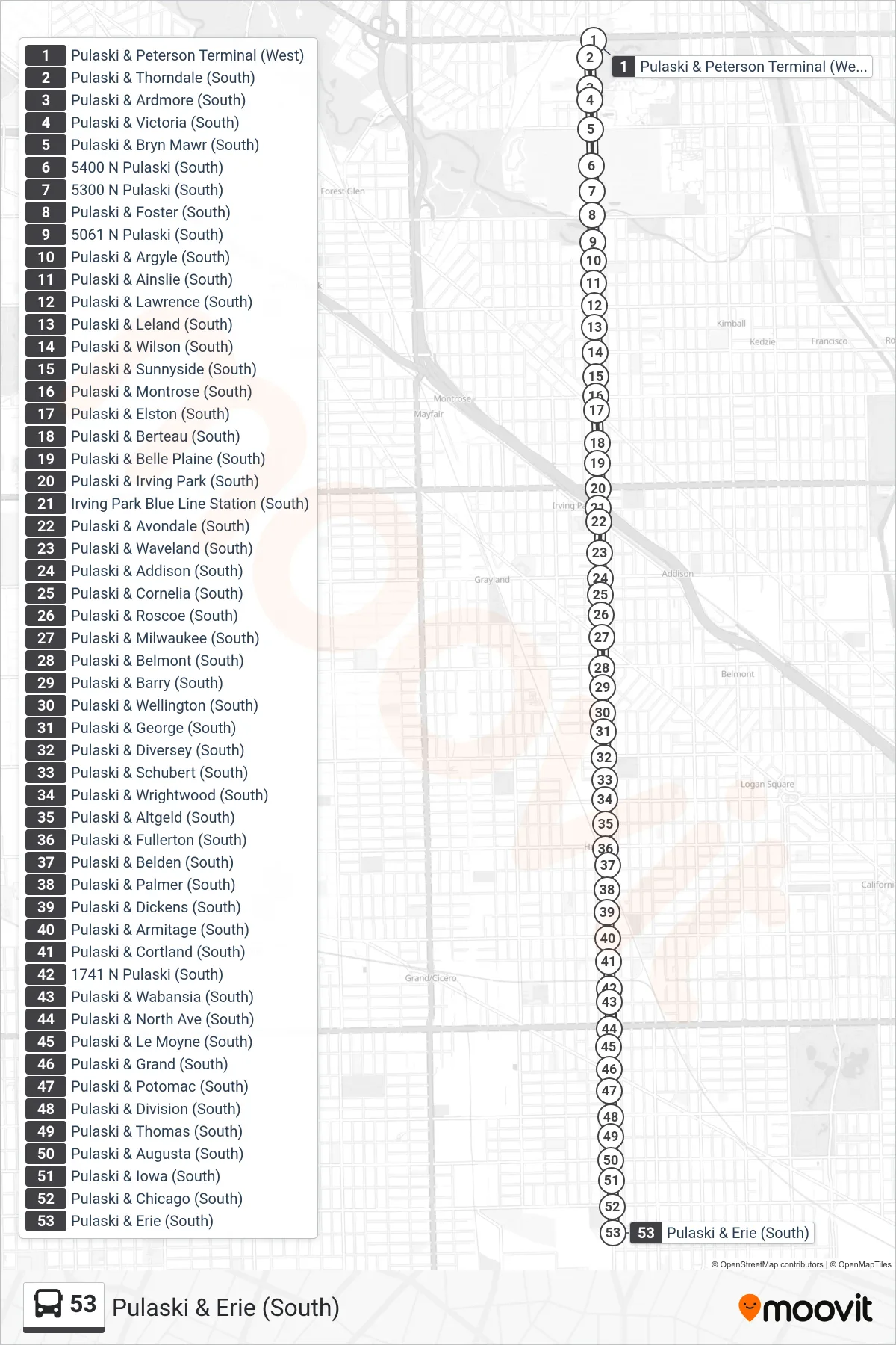 53 bus Line (Pulaski & Erie (South)) route and stops on a map