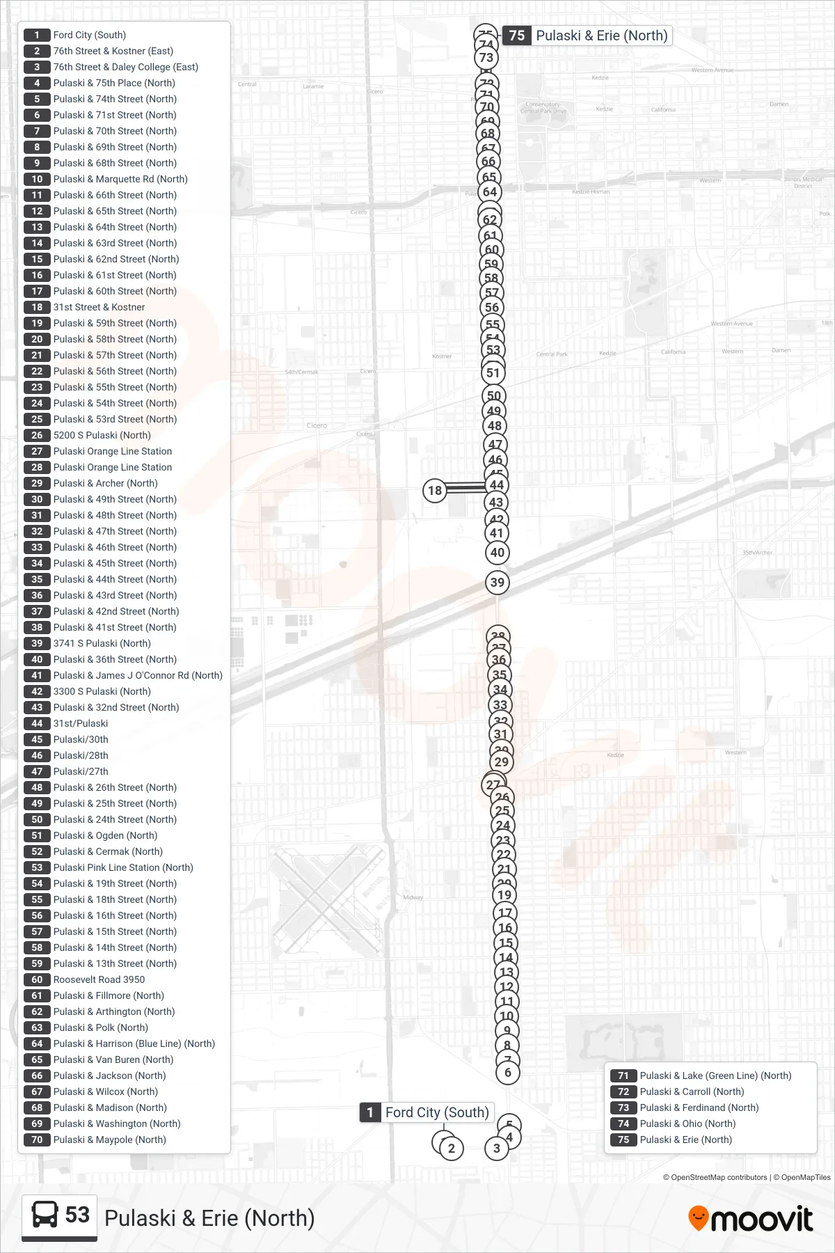 53 bus Line (Pulaski & Erie (North)) route and stops on a map