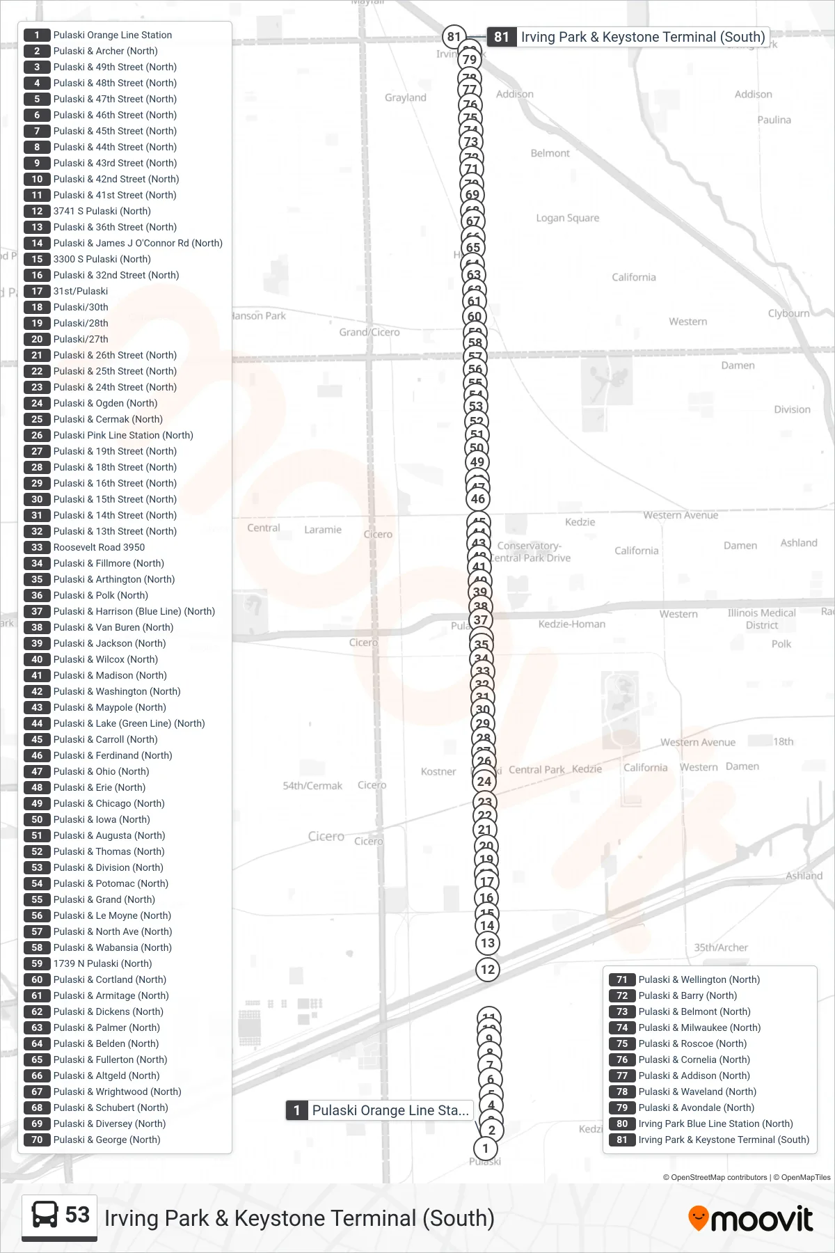 53 bus Line (Irving Park & Keystone Terminal (South)) route and stops on a map
