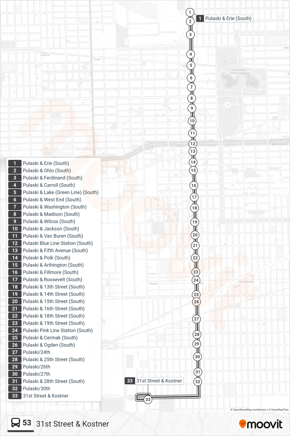 53 bus Line (31st Street & Kostner) route and stops on a map