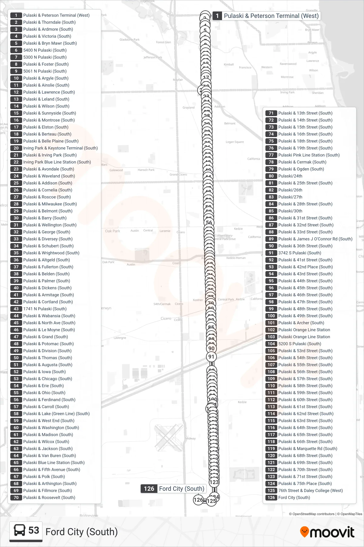53 bus Line (Ford City (South)) route and stops on a map