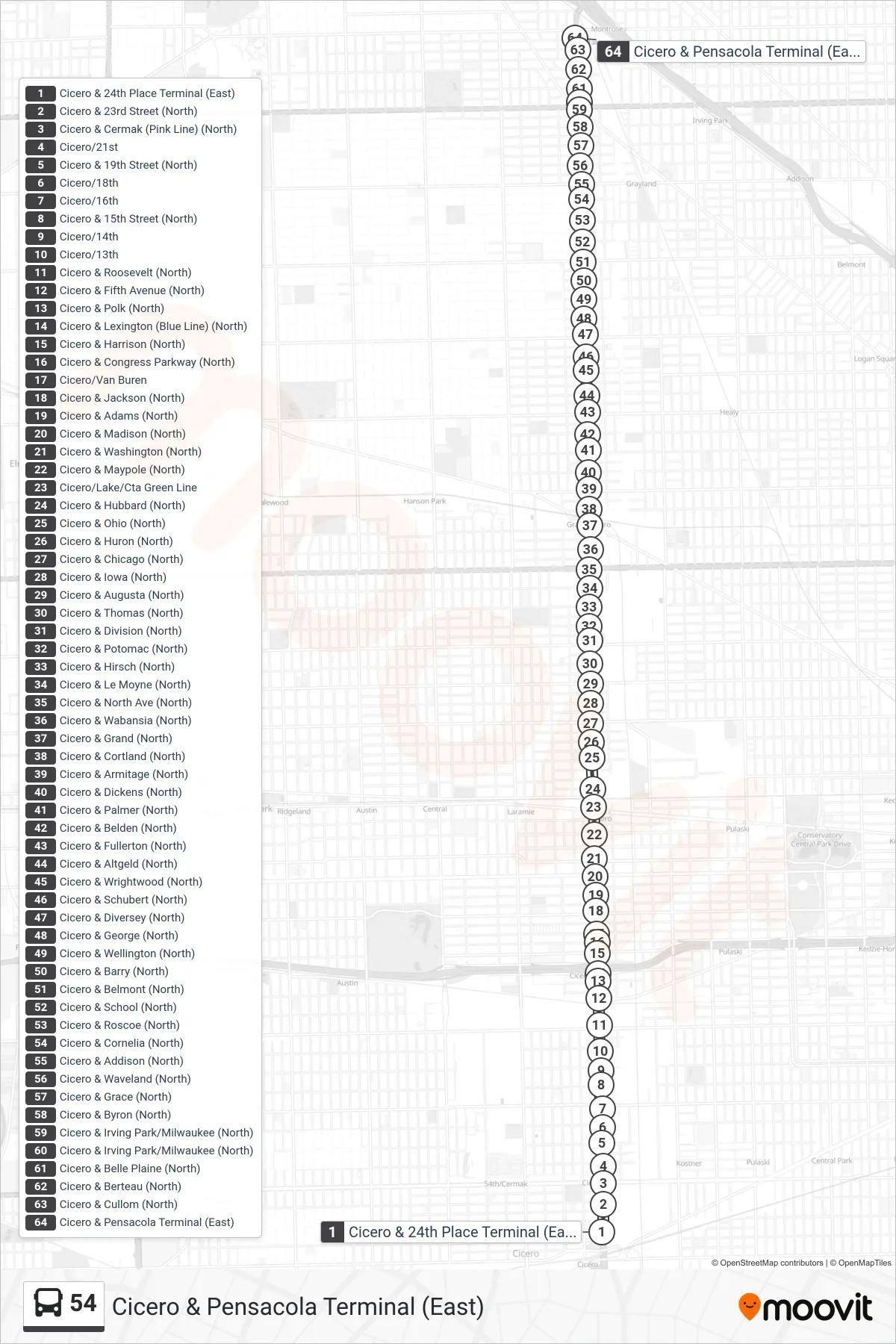 54 bus Line (Cicero & Pensacola Terminal (East)) route and stops on a map