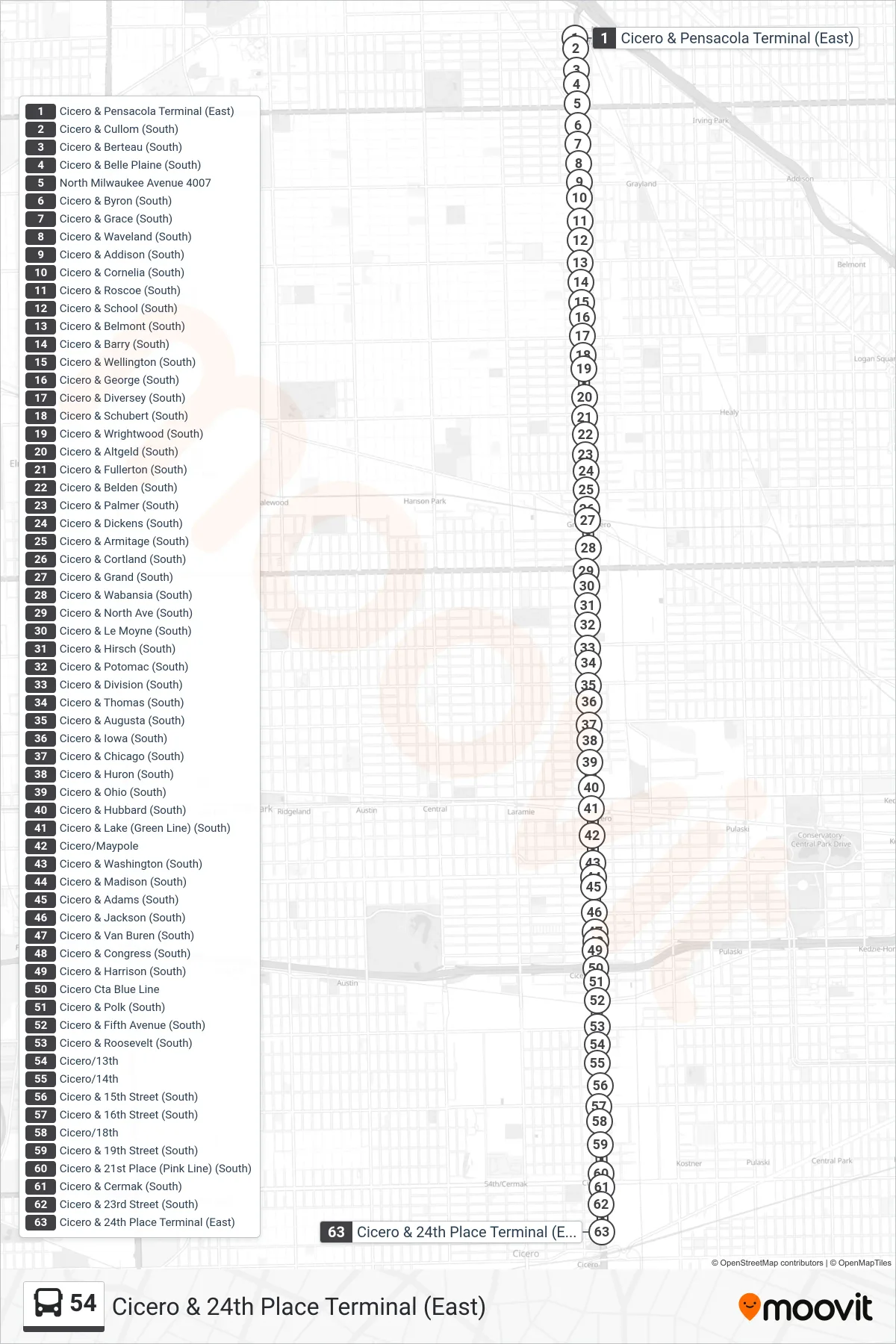 54 bus Line (Cicero & 24th Place Terminal (East)) route and stops on a map