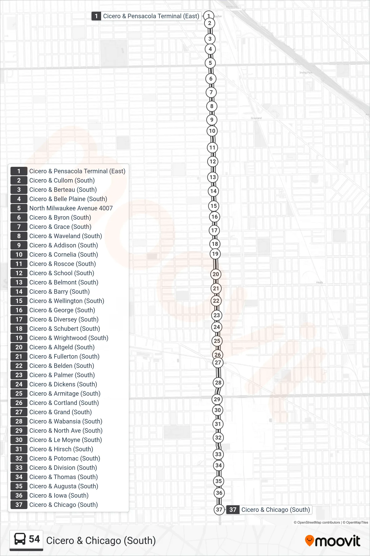 54 bus Line (Cicero & Chicago (South)) route and stops on a map