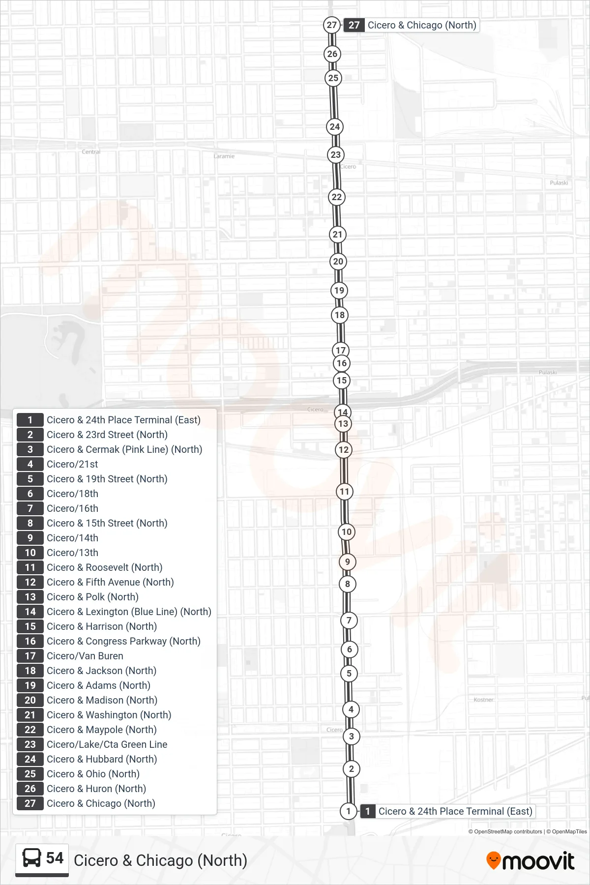 54 bus Line (Cicero & Chicago (North)) route and stops on a map