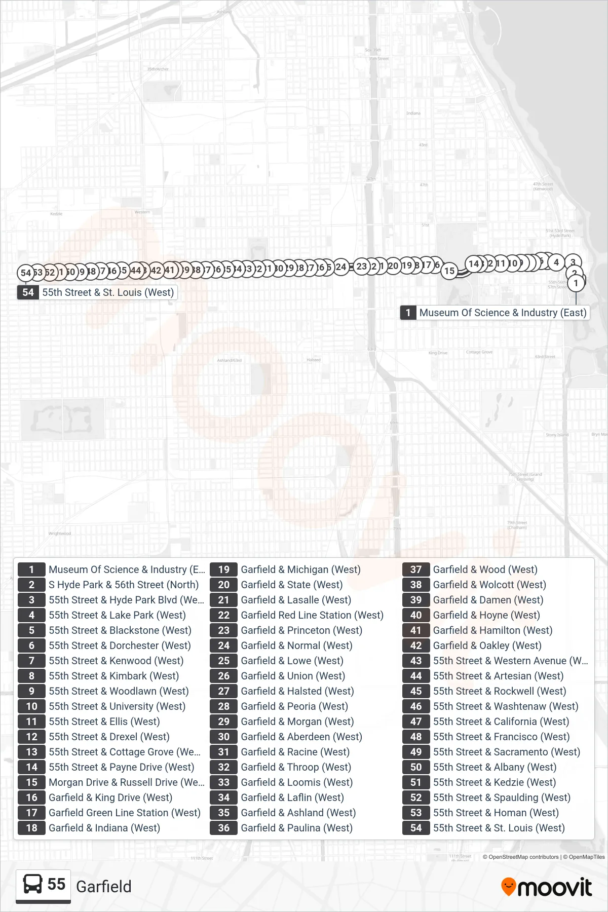 55 bus Line (55th Street & St. Louis (West)) route and stops on a map