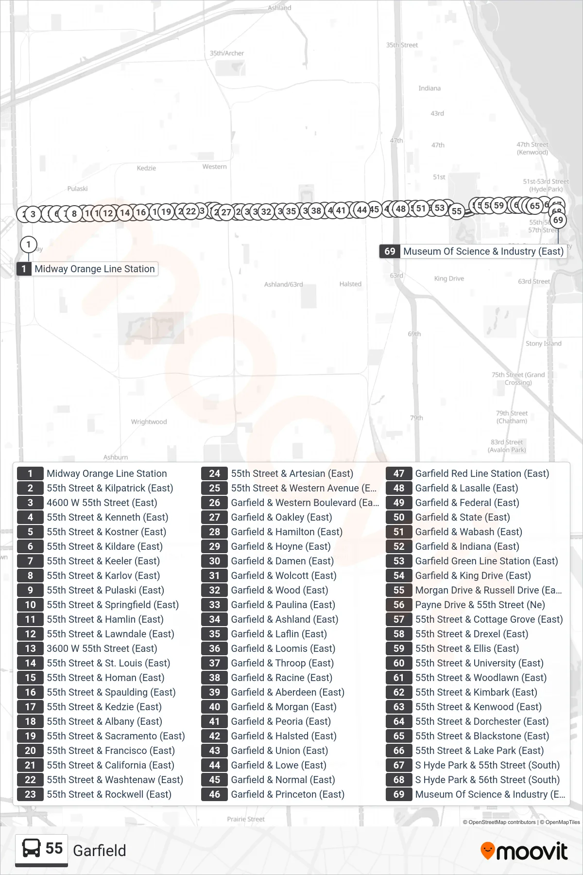 55 bus Line (Museum Of Science & Industry (East)) route and stops on a map