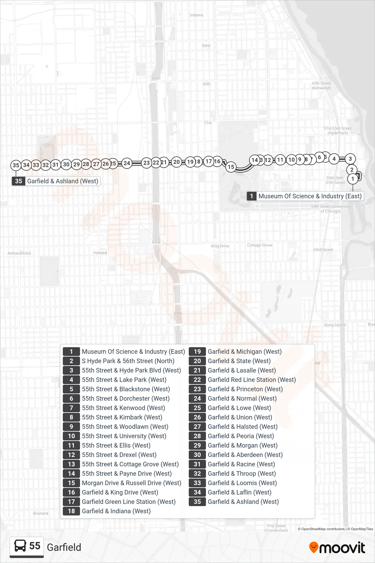 55 bus Line (Garfield & Ashland (West)) route and stops on a map